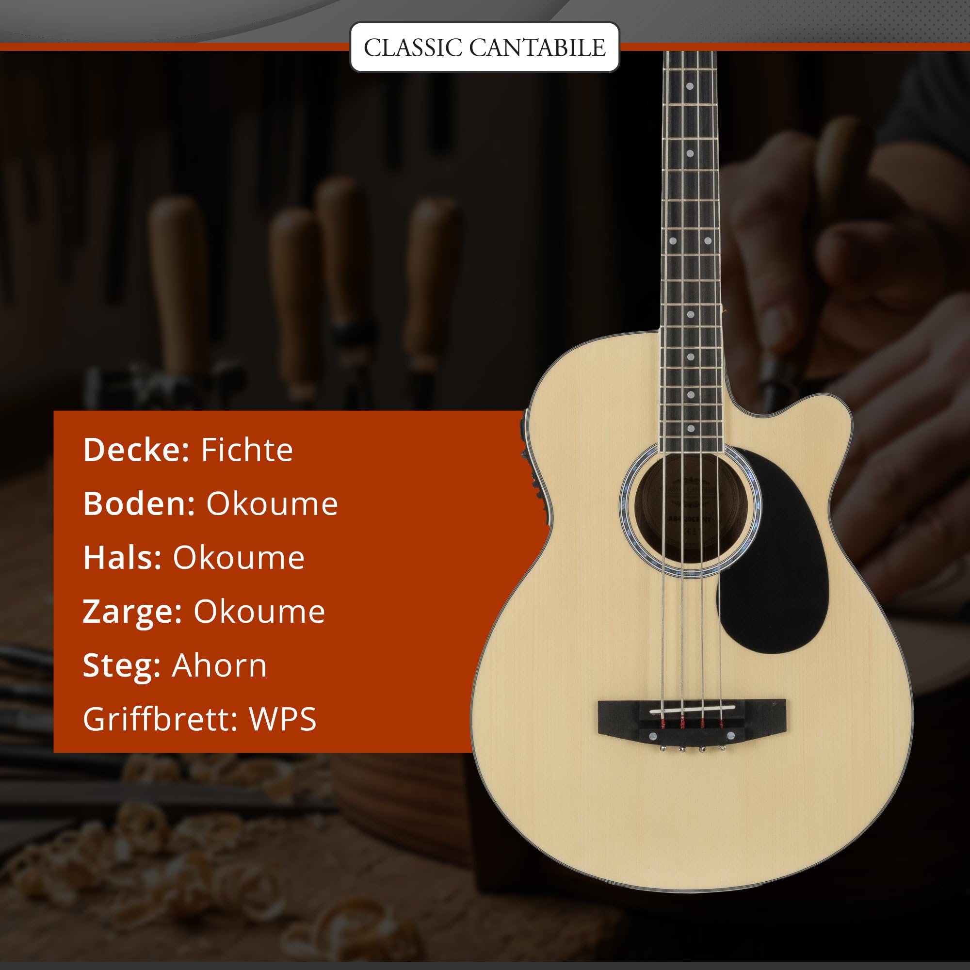 Classic Cantabile Short Scale Akustik Bass - 4 Saiten - Natural Gloss Finish - Piezo Tonabnehmer & Cutaway - Decke aus Fichte - Boden & Zarge aus Okoume - Ideal für Einsteiger & Unplugged Sessions