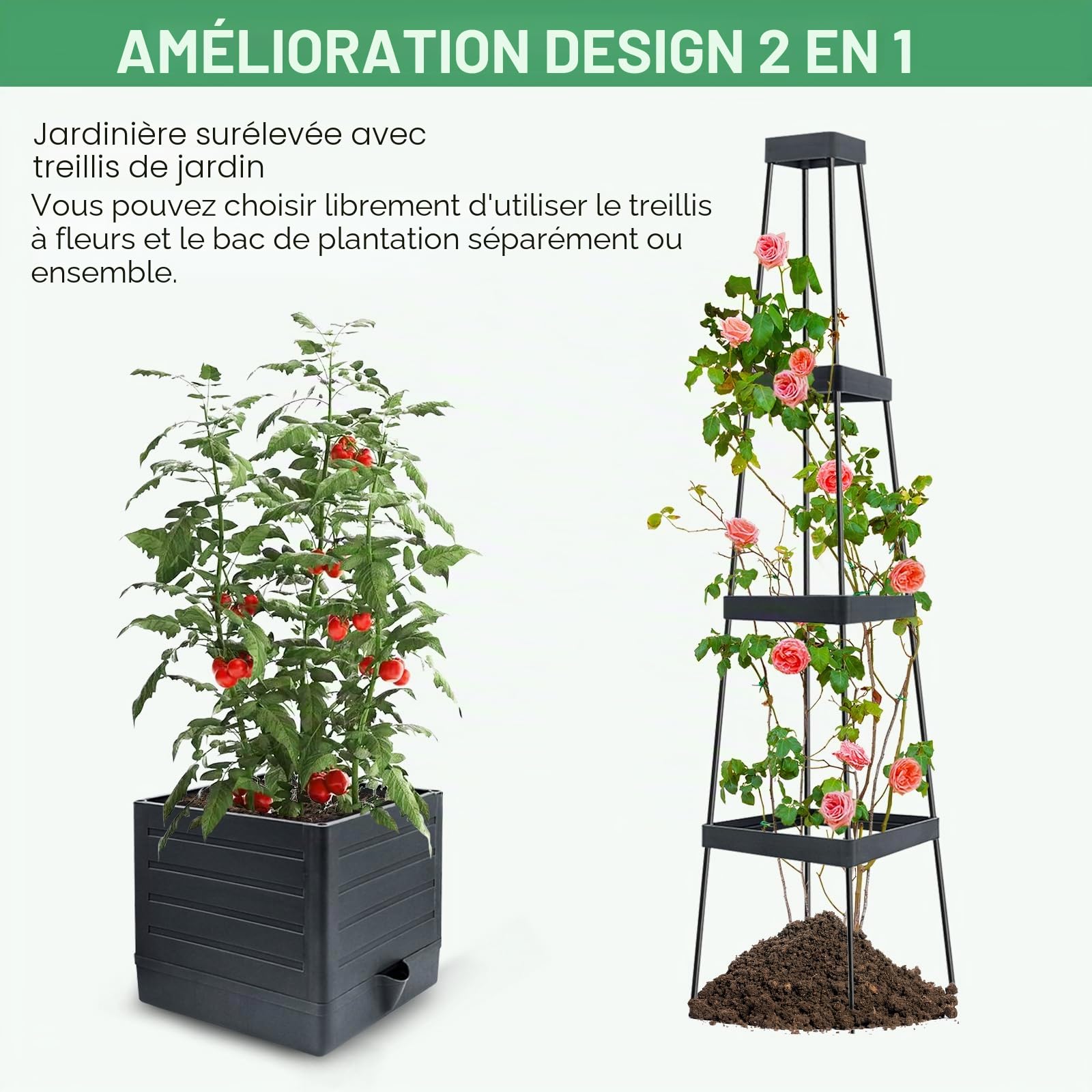 MQUPIN Lot de 2 Jardinière Surélevée avec Treillis,145cm Arrosage Automatique Jardiniere Tomate,Tuteur Tomate,pour Plantes grimpantes,Plantes grimpantes,Auto-arrosage,Support réglable pour vign