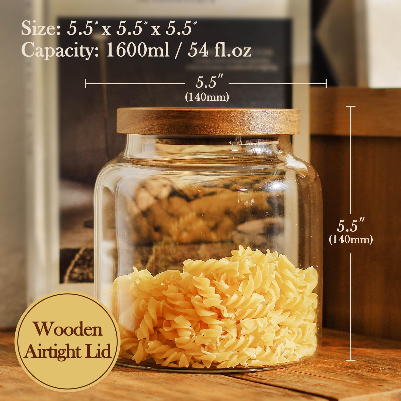 Labina Lot de 2 boîtes de rangement hermétiques en verre avec couvercles en bois, 1600 ml, large ouverture, pour garde-manger, farine, sucre, biscuits, spagetti, noix et bonbons