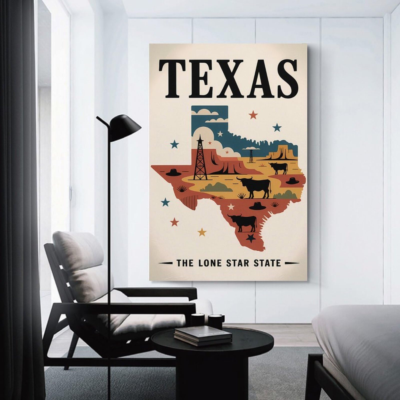 Junmoney Texas The Lone Star State Illustration Canvas Wall Decor 24x36inch(60x90cm), for Feature Walls in Flats Or Modern Rooms, Decorative Artwork with Flexible Styling