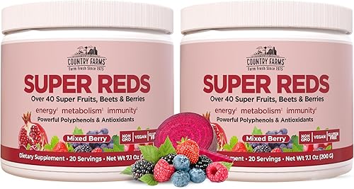 COUNTRY FARMS Super Rojos, Superalimento energizante de polifenoles, más de 40 súper frutas y bayas, potentes antioxidantes y polifenoles, apoya la