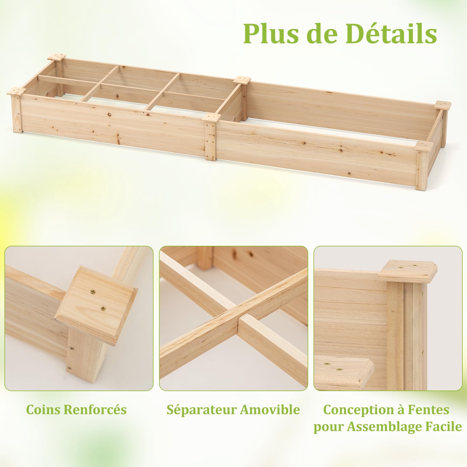 GOPLUS Carre Potager en Bois de Sapin 228x62x25 CM avec Fond Ouvert, Potager Exterieur avec 1 Grand Bacs à Plantation et 6 Petit Bac pour Fleurs Légumes Fruits Herbes, Idéal pour Balcon (Brun)