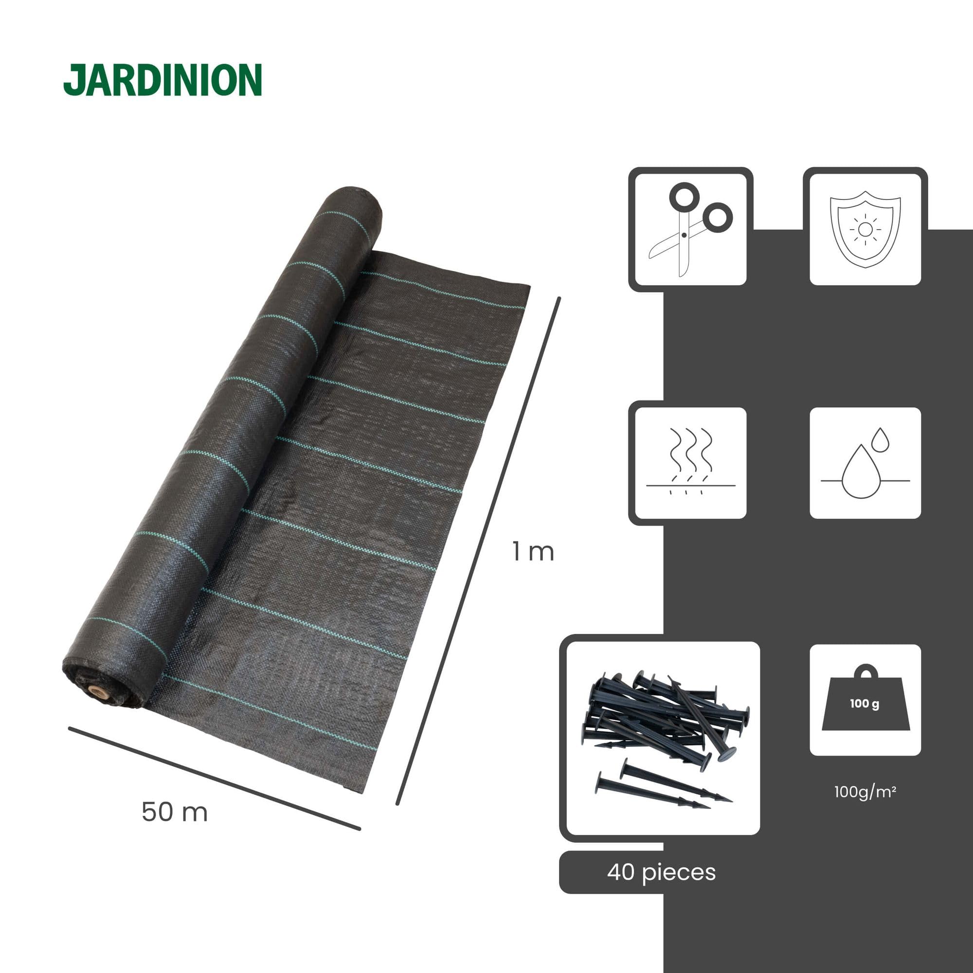 Telo antierbaccia, 40 picchetti 50m, 100g/m² Nero polipropilene | Telo da giardino permeabile all'acqua, telo antierbaccia ad alta resistenza UV per giardino e aiuola