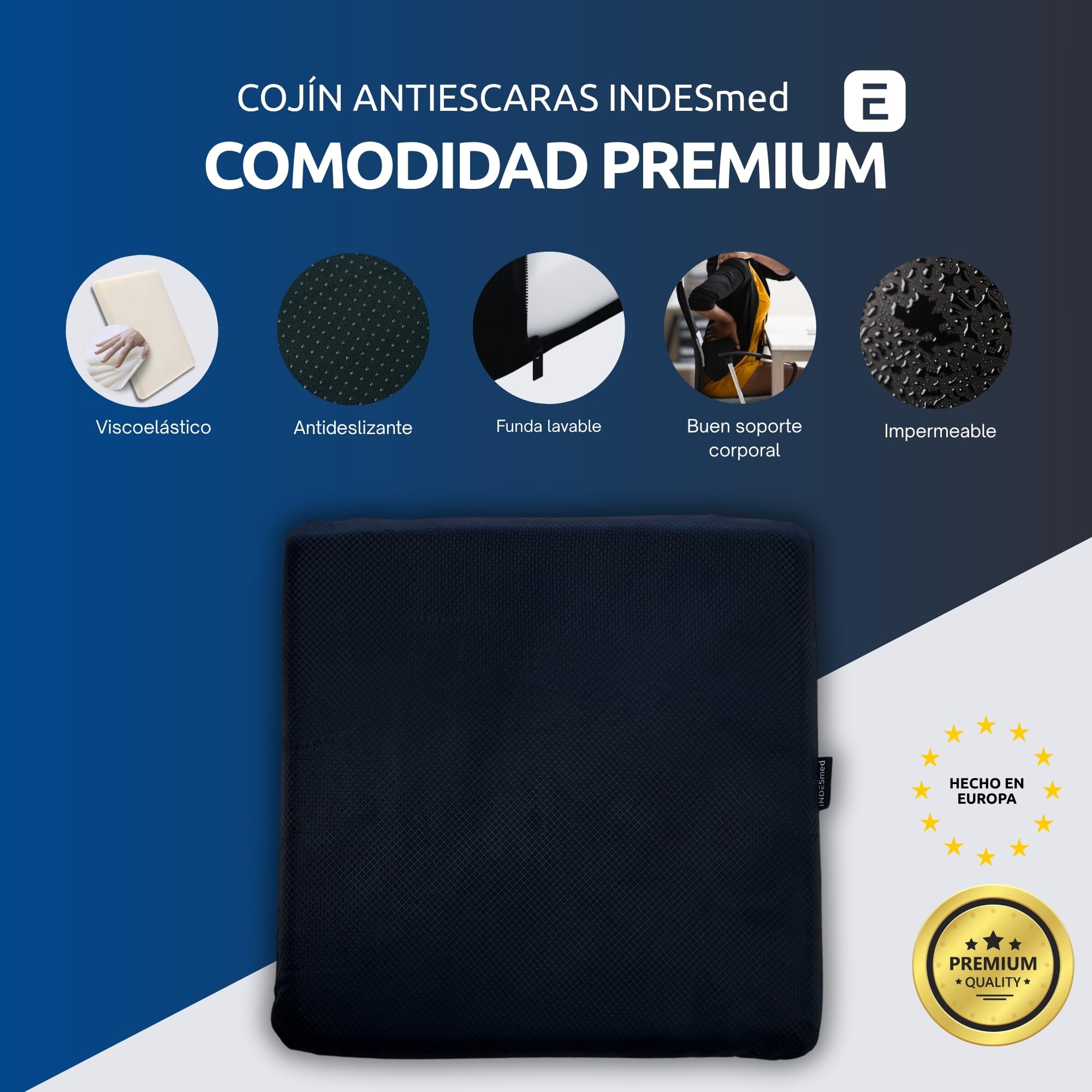 INDESMED Cojín Antiescaras Espuma Viscoelástica Alta Densidad, 100% Impermeable, Antideslizante y Ergonómico para Silla de Ruedas, Oficina |Cojín postural-Funda Lavable|Fabricado en España-40x40x4cm