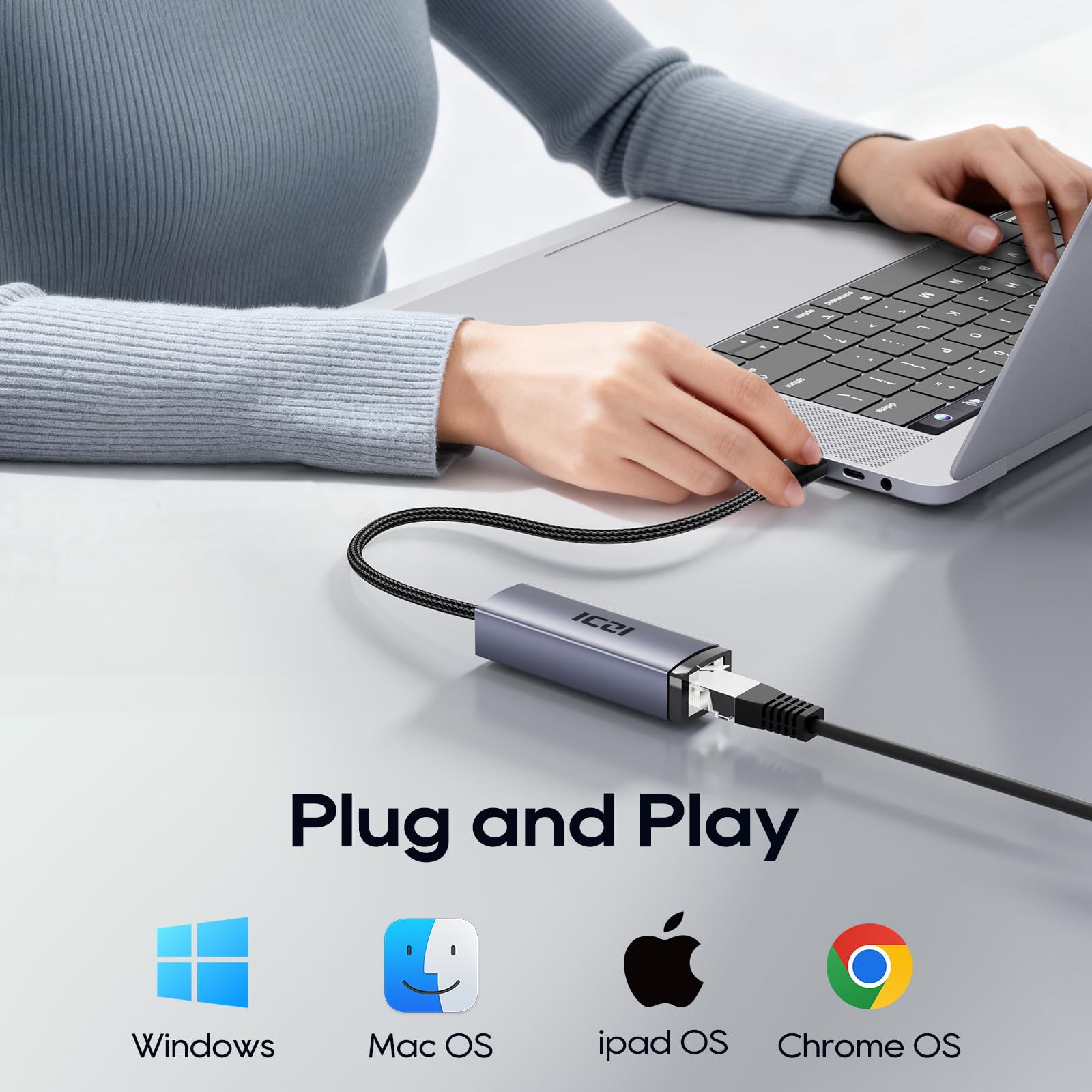 ICZI USB C to Ethernet Adapter Gigabit 1000Mbps Aluminum Ethernet, Plug and Play Thunderbolt 4/3 to RJ45 LAN Network Adapter for iPhone 15 MacBook iPad Pro Surface Chromebook Dell XPS etc