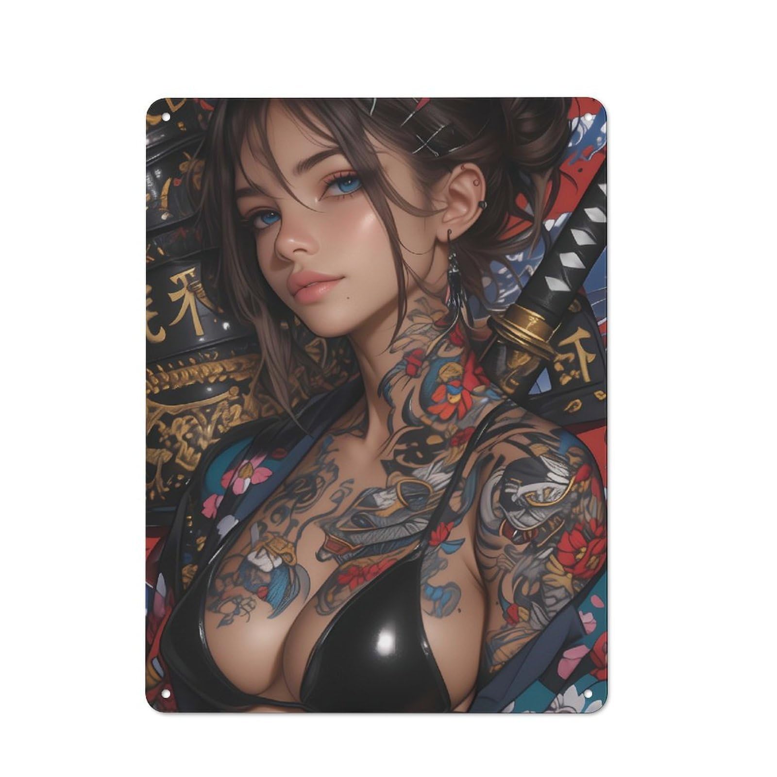 Junmoney Style-21 Rustic Metal Sign With Japanese Tattooed Woman With Katana Design 40X30cm, Farmhouse Farmhouse Wall Decor For Dining Room, Cafe, Entryway Or Family Room