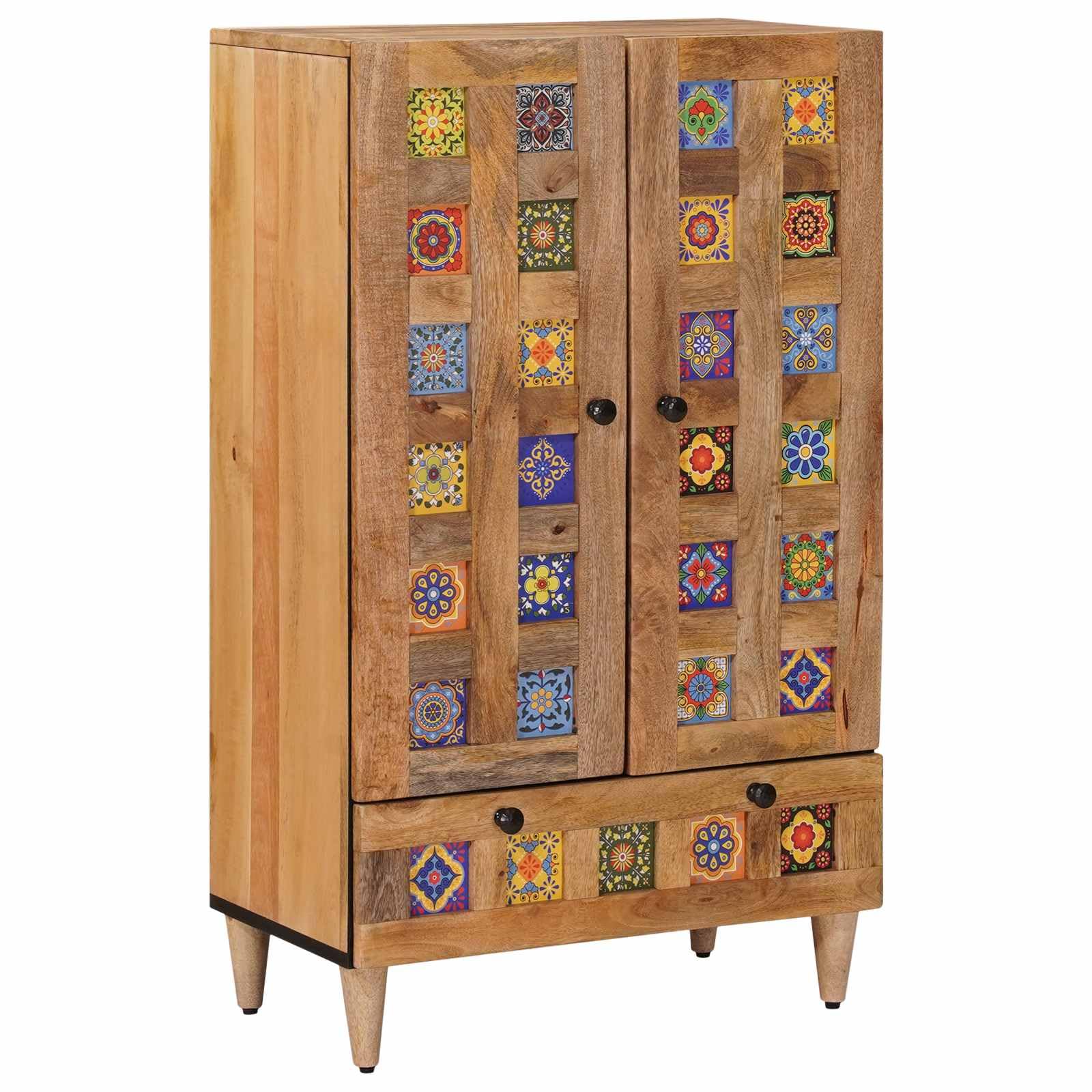 Alta calidad Highboard con puerta natural 60 x 33,5 x 100 cm madera maciza mango mucho espacio de almacenamiento para salón, comedor y oficina