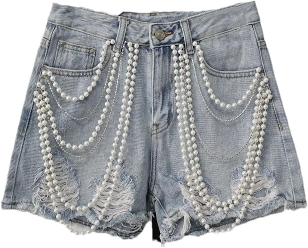 Women's Denim Shorts High Waist Broken Holes Pearls Beading Diamonds Short Pants