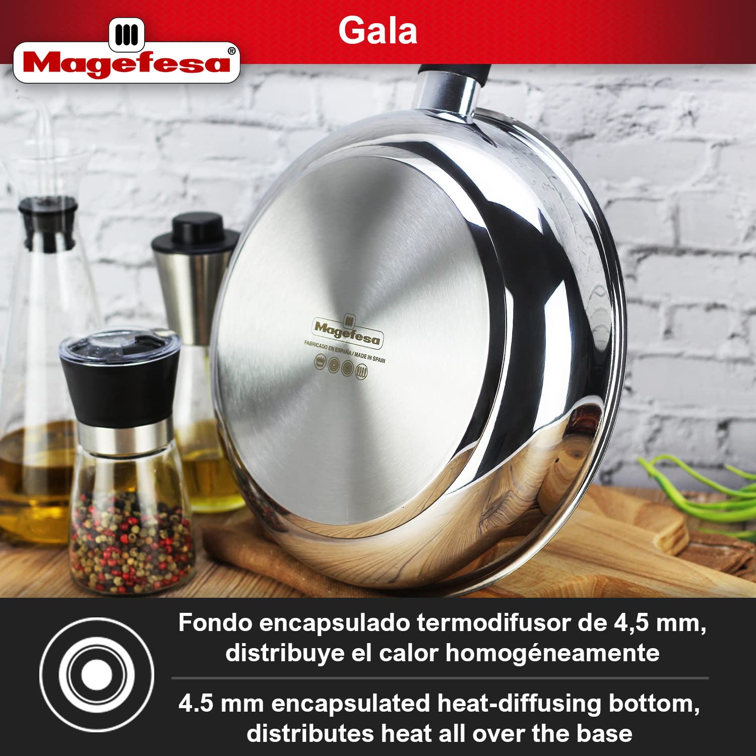 MAGEFESA Deep Gala - Sarten de 28cm, Acero Inoxidable, Libre de PFOA y Metales Pesados, Antiadherente Efecto Piedra, Todas las Cocinas, Inducción