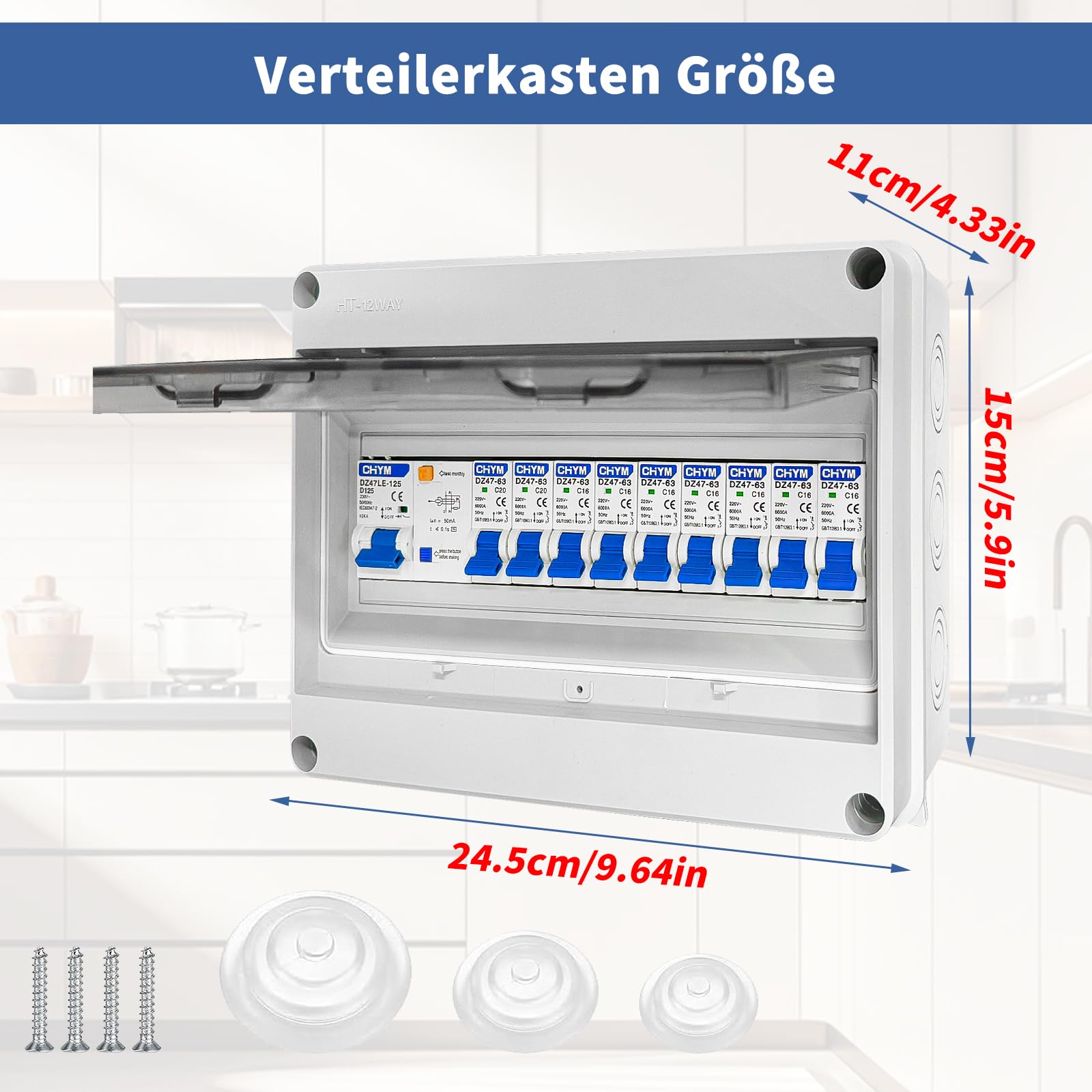 Caja de fusibles empotrada, Caja de distribución con interruptor diferencial, Caja de distribución eléctrica IP65 para caravanas/garajes/talleres/villas, interruptor automático 125 A, 7x16 A + 2x20 A