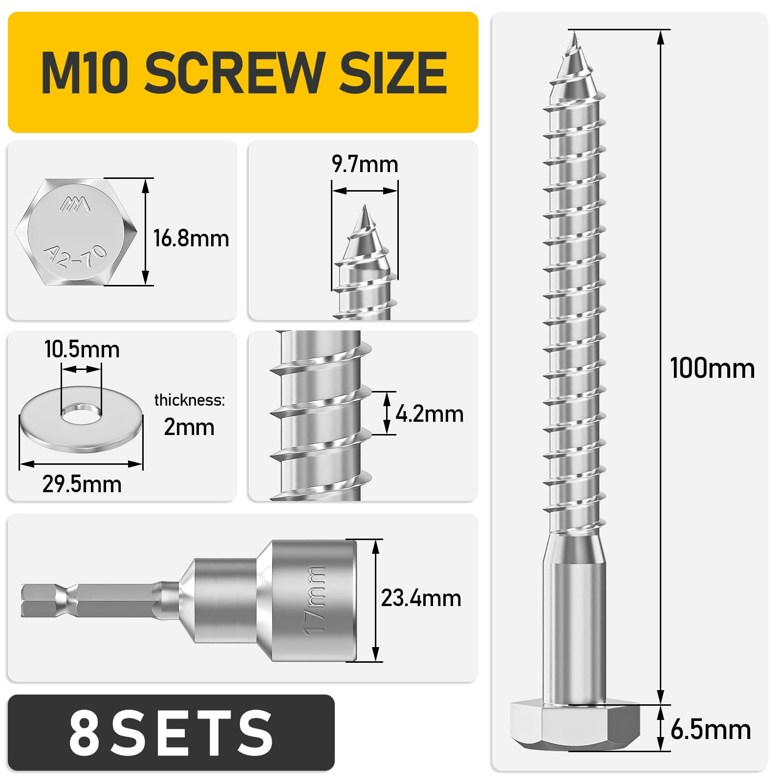 Valorada 8Pcs M10 x 100mm Coach Screws, Hex Head Wood Screws, Heavy Duty Lag Bolts, Concrete Screw, Hex Furniture Bolt - Image 2