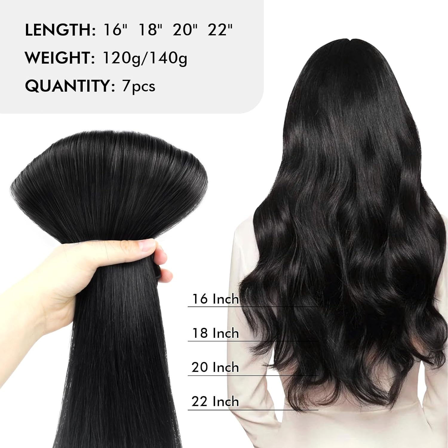 Sixstarhair Jet Black Clip In Hair Extensions Made of Remy Virgin Human Hair Double Wefted Thick Lace Weft Clip On Extensions Fast to Apply 140g 7 Pieces 20inch [Color 1 Jet Black 20inch]