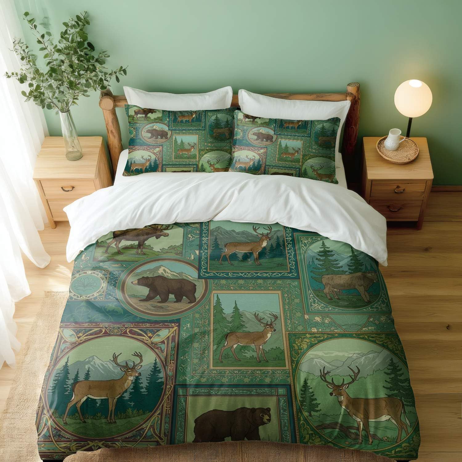 Housse de couette vintage élan ours cerf avec 2 taies 50x75 pour lit double