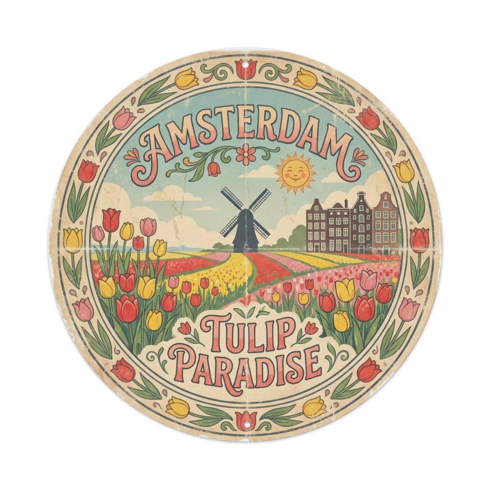 Vintage Travel Tulips Amsterdam Netherlands Metal Tin Sign Plaque Wall Decor for Cafe, Club, Garden Round Metal Poster 8x8Inch