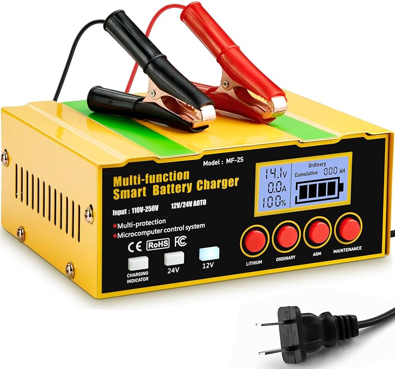 Carregador Inteligente de Bateria Huiaipaic 12 V/24 V, 12 A/7,5 A, para Lítio e Chumbo-Ácido com Tela LCD, Desulfatação e Manutenção
