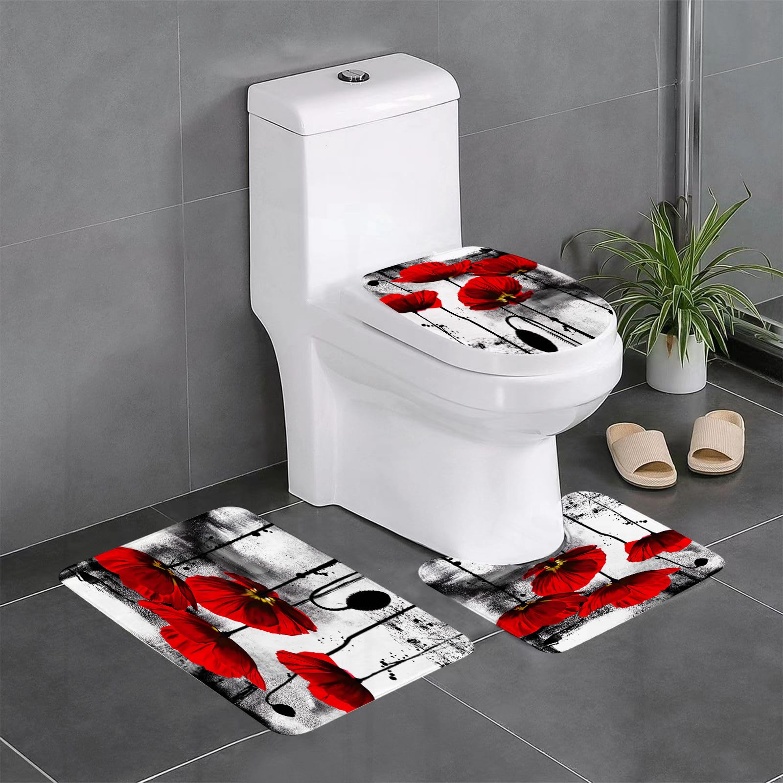 Set di 3 tappetini da Bagno, Lavabili in Lavatrice e Antiscivolo, in Morbida Fibra Superfine, con Motivo a Papaveri acquerellati.