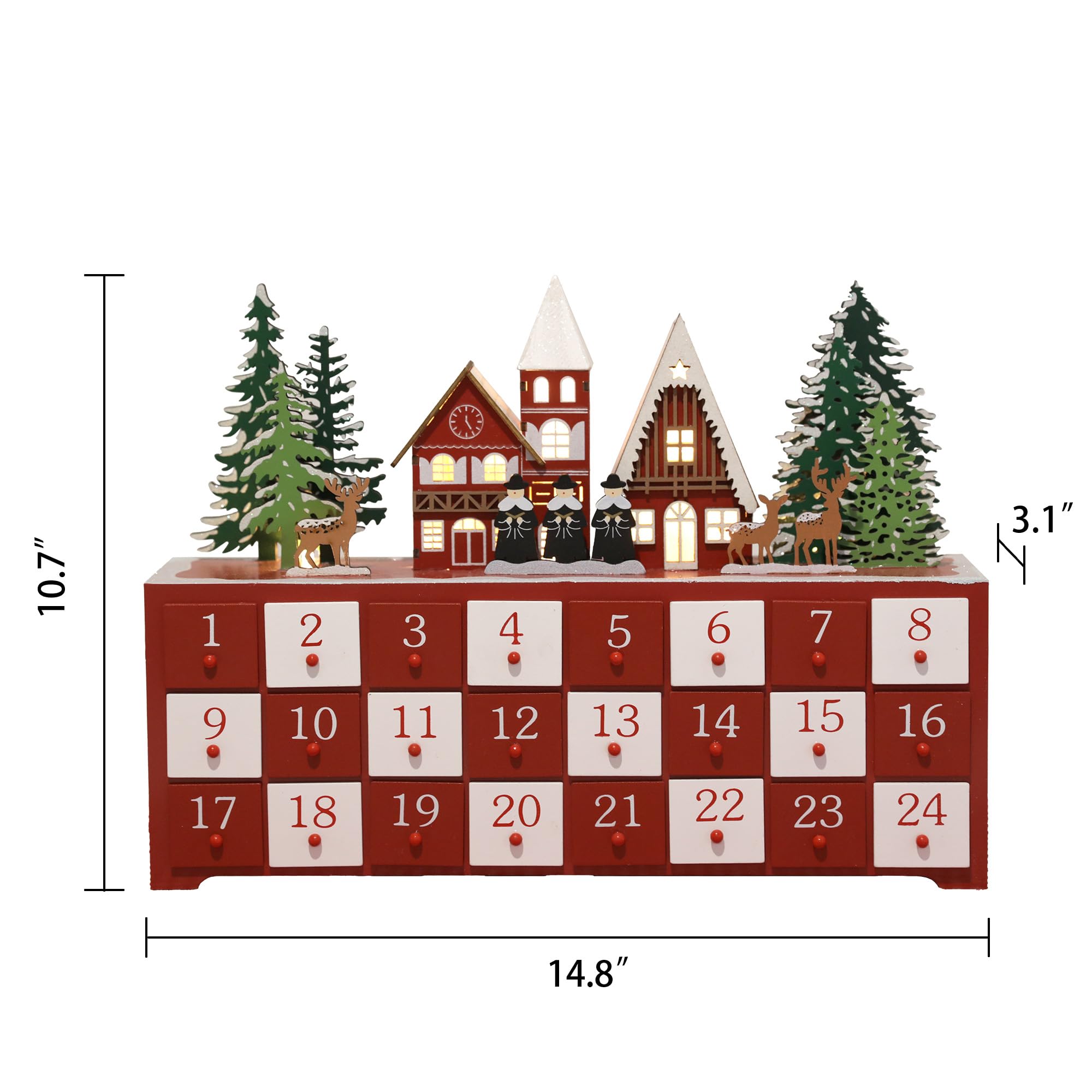 Calendario de Adviento de madera de Navidad con luces LED, cuenta regresiva de 24 cajones para Navidad, escena festiva de iglesia con renos y árboles, perfecto para decoración del hogar