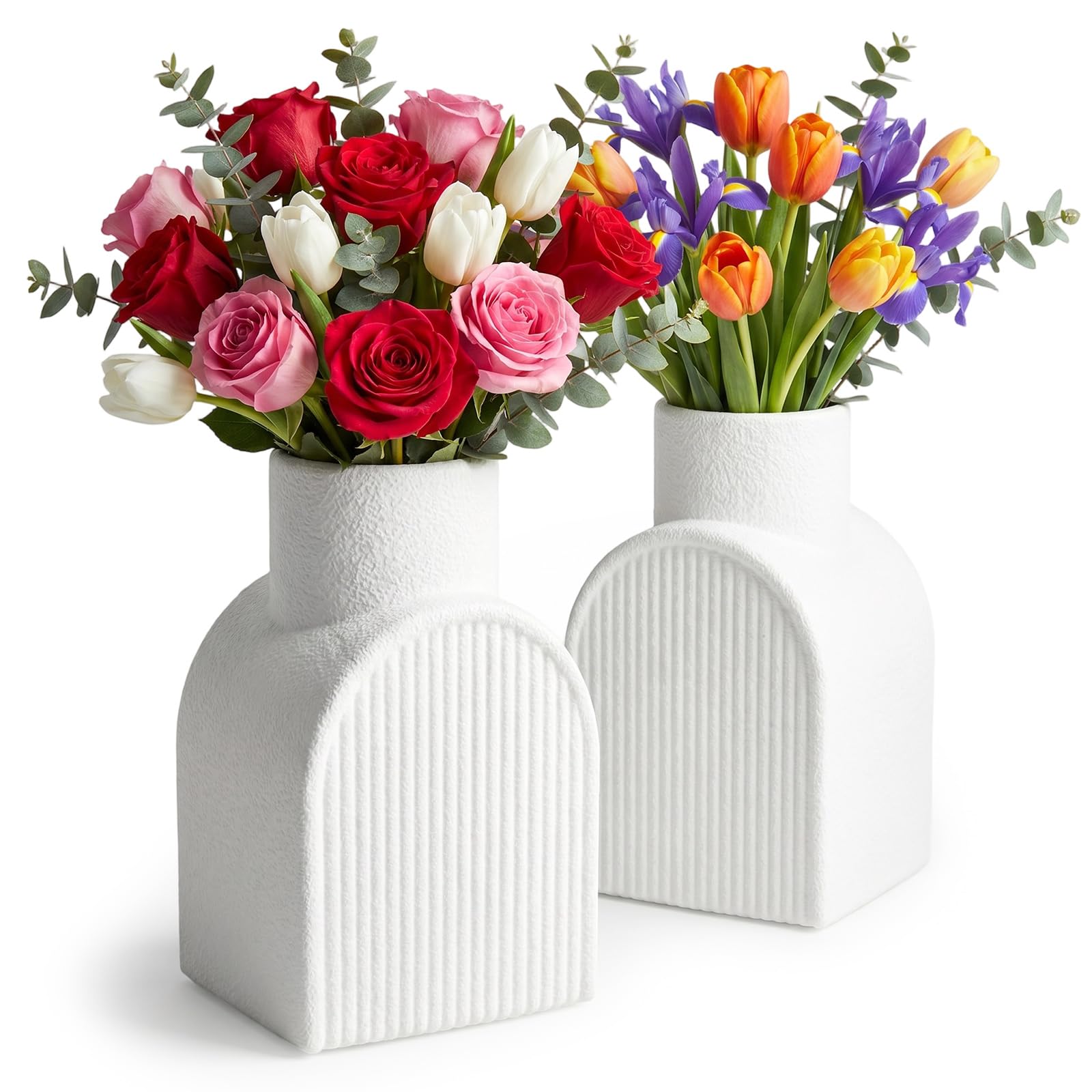 Plastic Vase for Flowers - 2 Pack Small White Plastic Vases Striped Modern Durable for Dried & Fresh Flowers Rustic Style Desktop Decorative Shatter-resistant Flower Vases for Living Room Wedding Book
