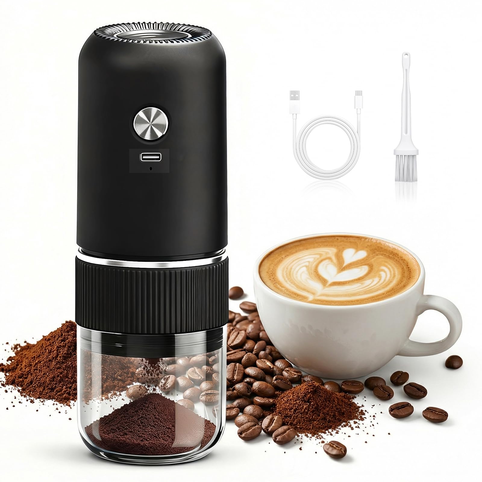 Macinacaffè Elettrico, Coffee Grinder Portatile con Macina Conica in Ceramica, USB Ricaricabile, Macina Caffè Granulometria Regolabile per Semi e Spezie, per Casa, Ufficio, Viaggi e Campeggio