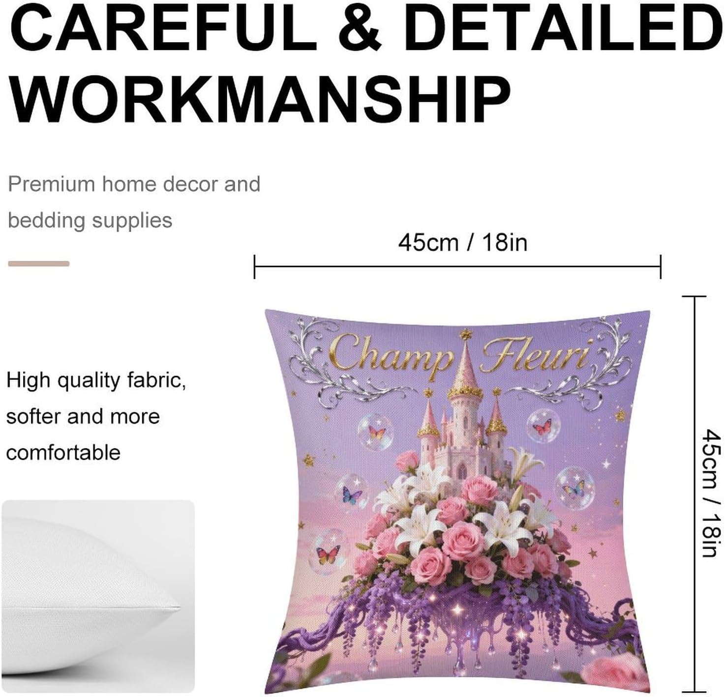Champ Fleuri Pillow Protectors Cute Waterproof Pillow Cover Soft Skin-Friendly Cushion Case Decorative Square Cushion Cover for Couch Sofa Bed Living Room Bedroom
