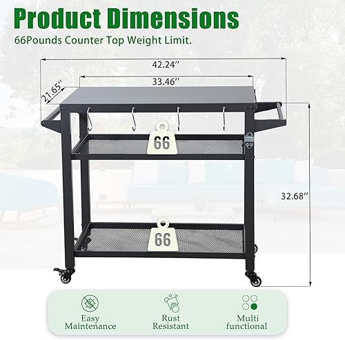 Vista 19 de Domi - Carrito de 3 estantes para parrilla al aire libre con ruedas, mesa para horno de pizza y mesa de preparación de alimentos, mesa de acero