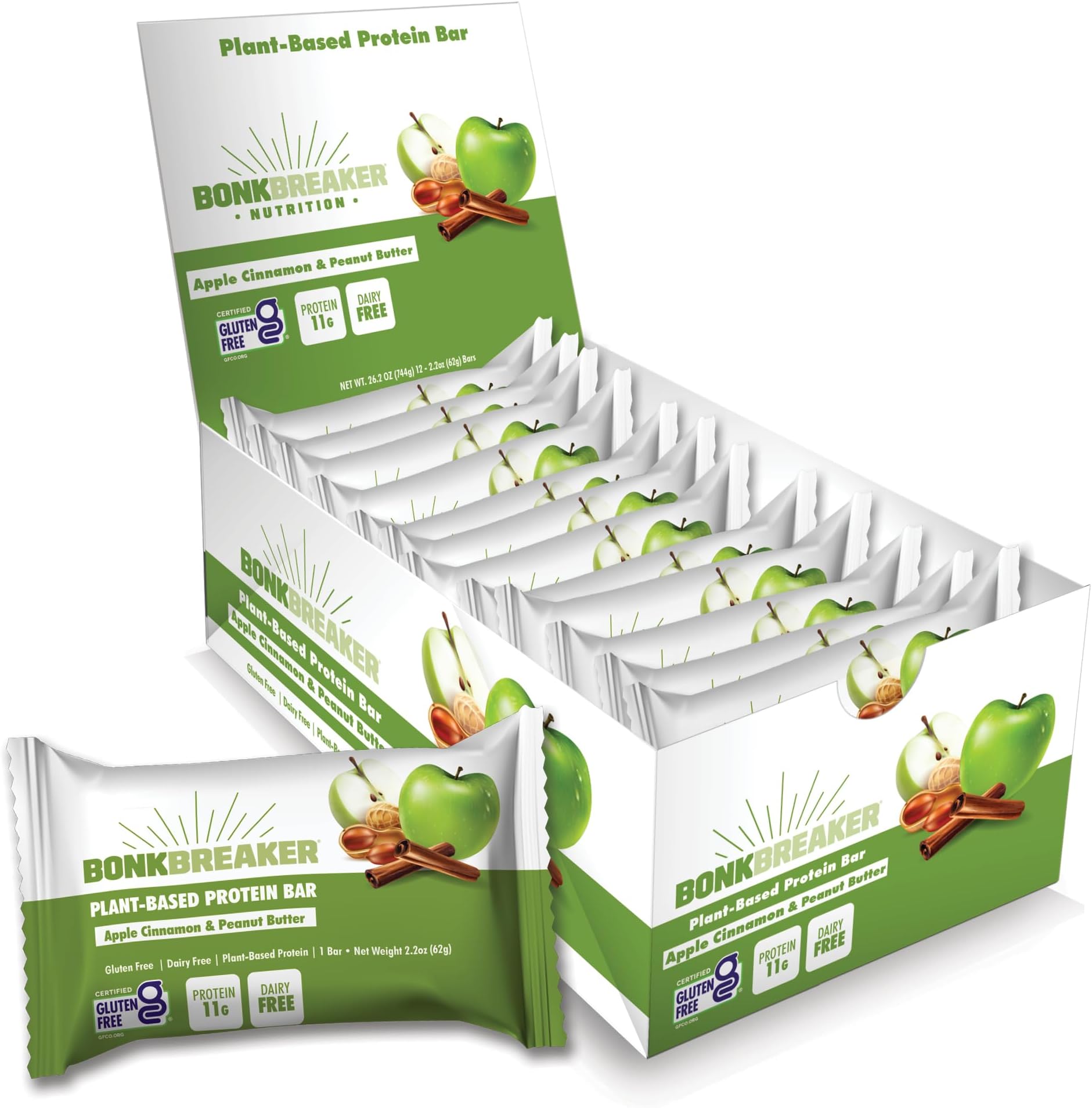 Bonk Breaker Plant Based Protein Bars, Gluten Free, Dairy Free, 11g Protein, Apple Cinnamon & Peanut Butter, 12 Pack