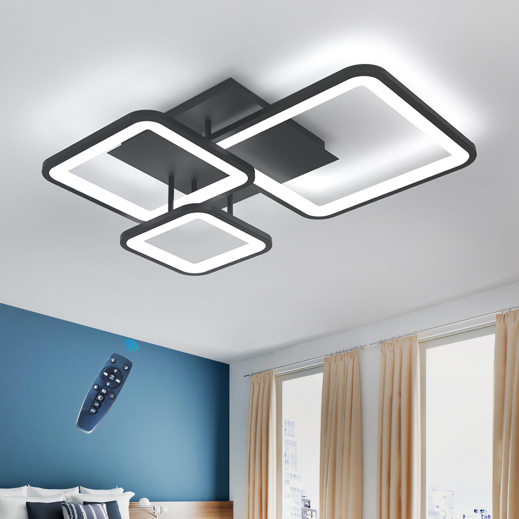 Square Ceiling Light Black Bedroom Chandelier Kids Bright LED Dimmable Ceiling Lamp With Remote Control Eye Care Night Light Memory White Living Room Ceiling Lantern With APP Smart Learning Lights