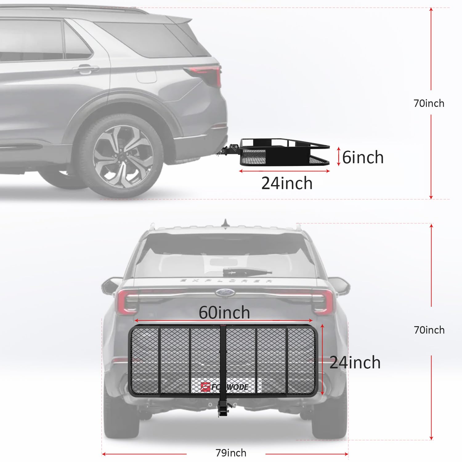 FORWODE 60x24x6 Hitch Cargo Carrier for 2 Inch Receiver, 500LB Capacity Hitch Mount Cargo Rack Carrier, Folding Hitch Cargo Basket with Antirust Coat