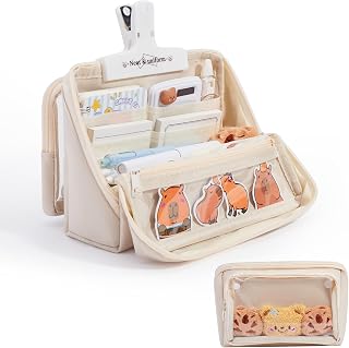 Pencil Case - Removable Clear Large Capacity Aesthetic Pencil Pouch with Sturdy Zipper, Canvas Stationery Organizer Pen Pouch with Compartments for College, office, Travel(Beige)