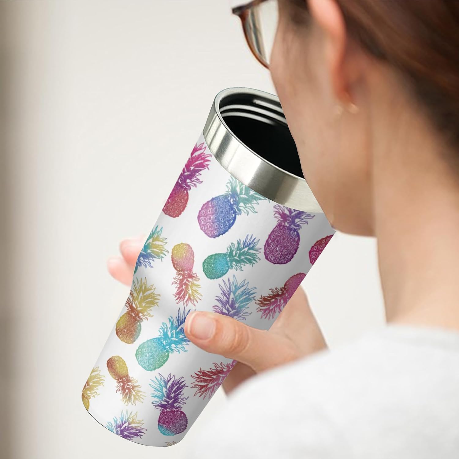 Pineapple Tumbler with Handle and Flip Straw for Women Men, 30oz Stainless Steel Insulated Cup, Water Bottle Travel Coffee Mug Gifts
