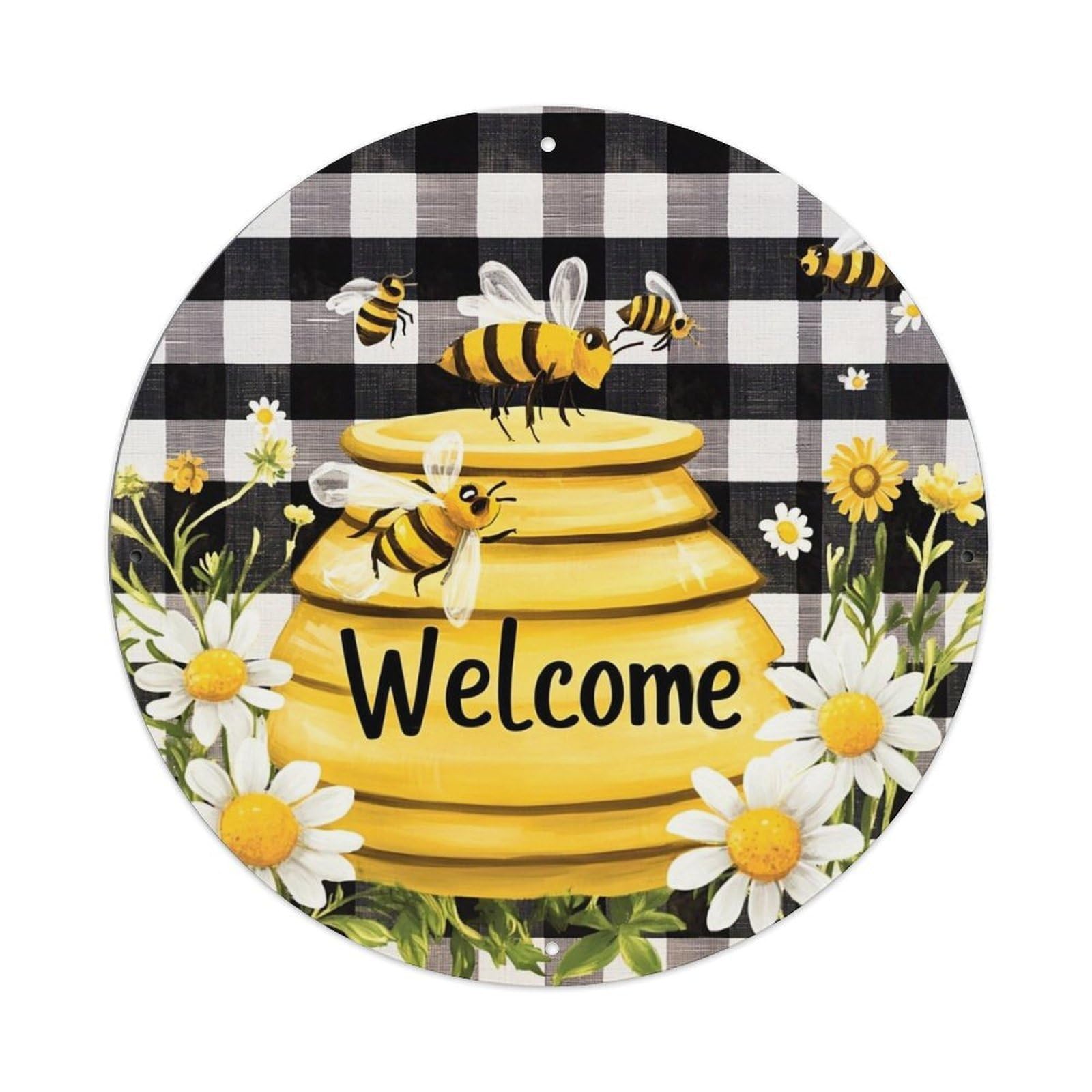 Bee Hive Flowers Welcome Pattern Metal Tin Sign Plaque