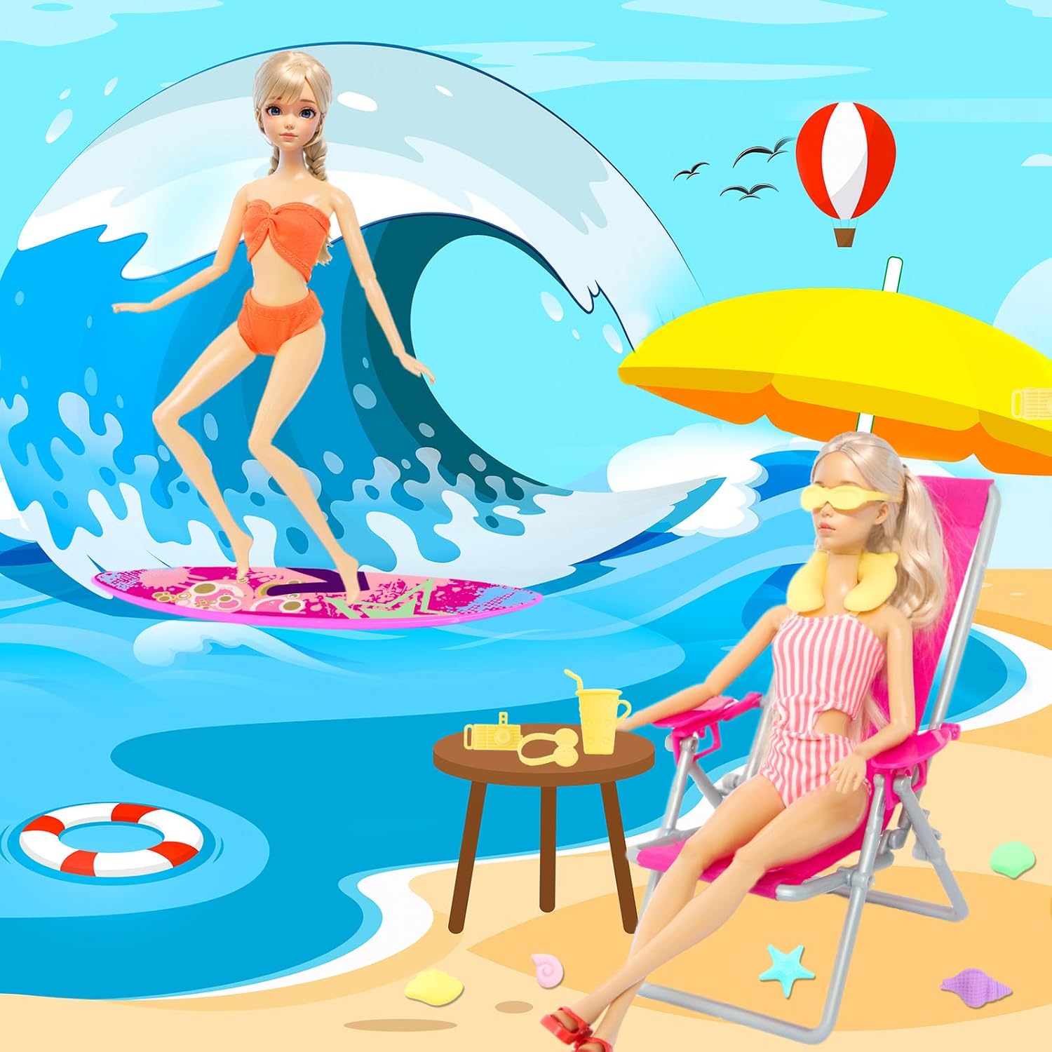 40 Psc Doll Swimsuits Set, Bikini Clothes and Accessories for 11.5 inch Girl Doll Beach Bathing Outfits, Fishtail Skirt, Beach Chair, Skateboard, 10 Pairs Shoes, Diving Suit and More