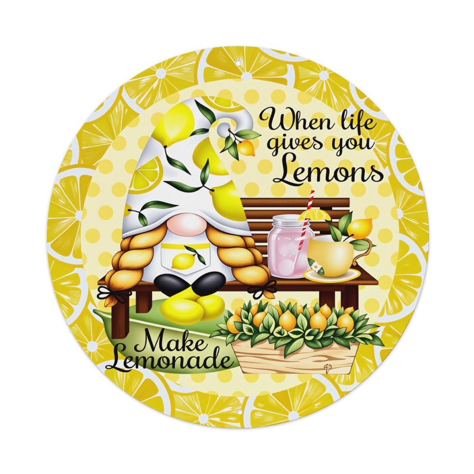 Lemon Gnome Bench Lemonade Pattern Round Tin Sign Vintage Metal Poster Retro Bar, Home, Man Cave, Kitchen, Laundry Room Wall Art Decor Gift 8x8In