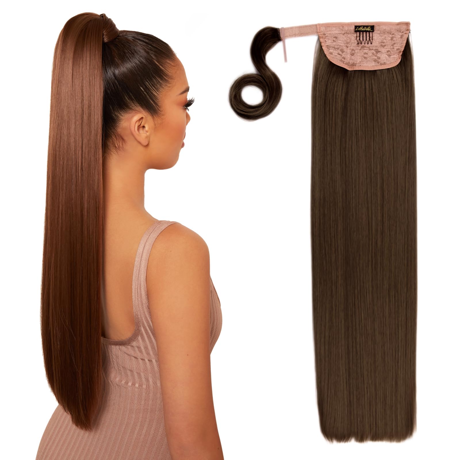 Lullabellz Grande Haar-Zopf – 66 Cm Lang, Kastanienbraun, Mit Transparenten Gummibändern, Für Schnelles Styling