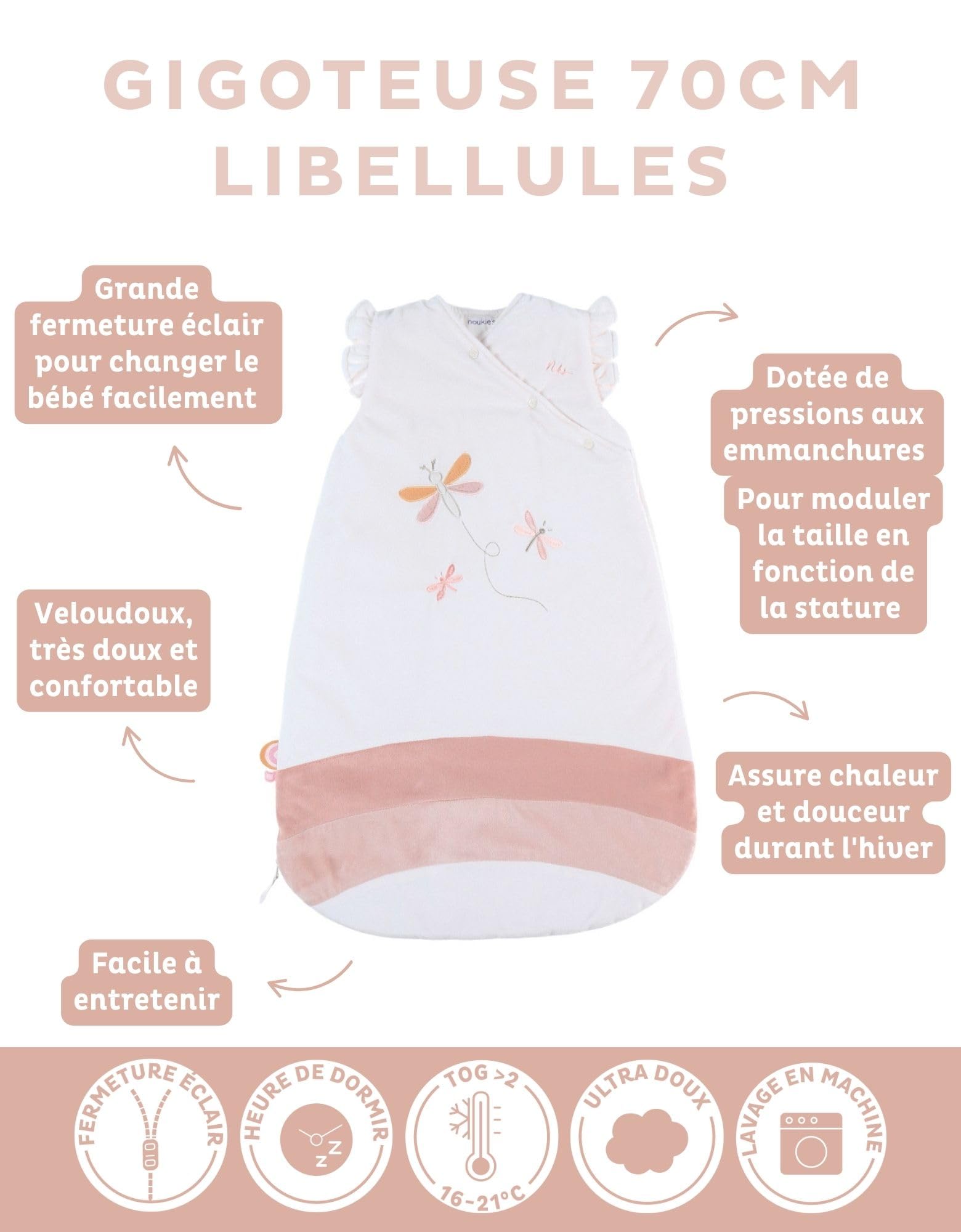 NOUKIE'S - Gigoteuse Hiver 0-6 Mois (70 cm) - Gigoteuse TOG 2 à 3,5 - Fermeture Zippée - Polyester/Coton - Blanc & Rose