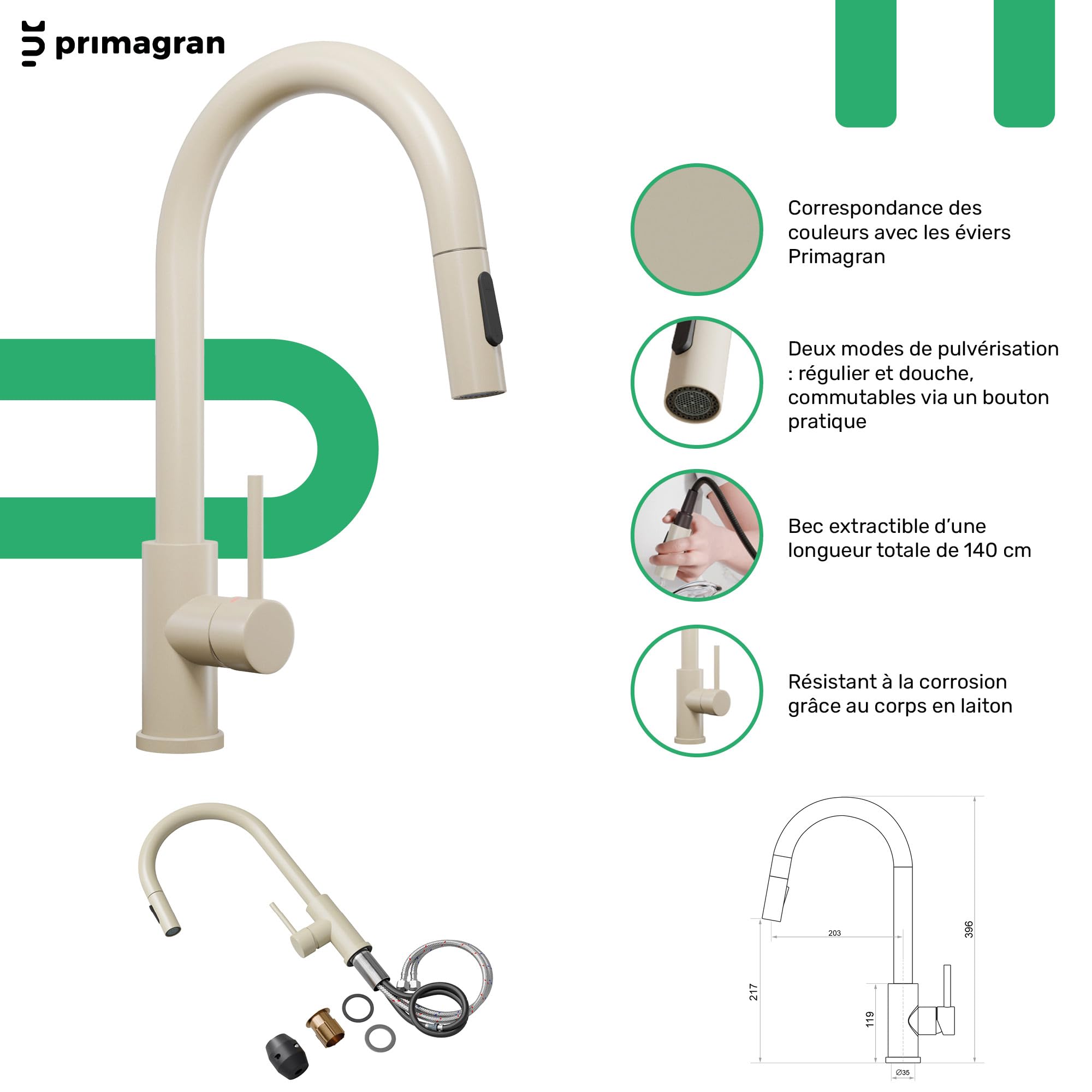 PRIMAGRAN Evier Cuisine en Granit Tout Beige 78x50cm, Lavabo 1 bac + Robinet 40x20cm + Kit de Vidage, Évier à Encastrer au Meuble 80cm - Riga S420