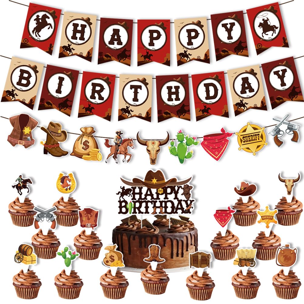 Cowboy Party Decorations Set, Western Cowboy Theme Party Supplies Include West Cowboy Happy Birthday Banner Cake Cupcake Toppers for Kids Boys Girls Birthday Party Supplies