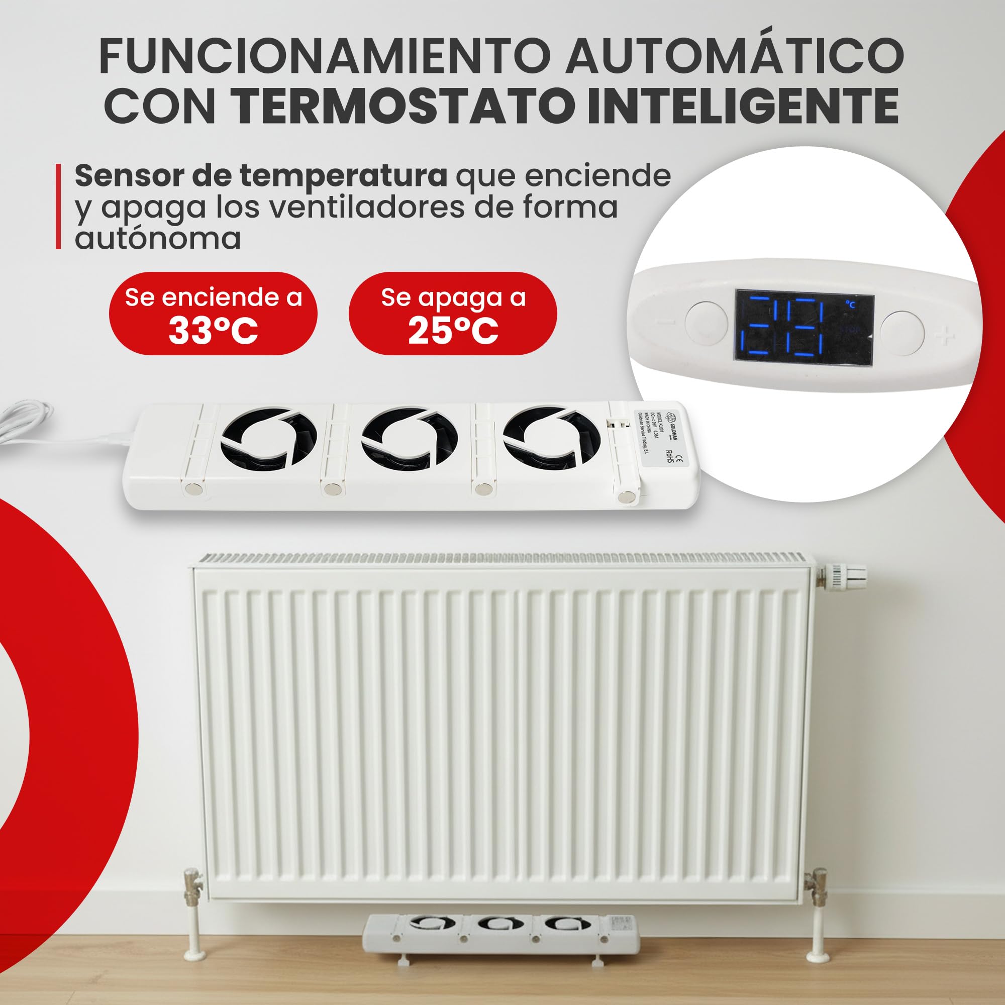 GOLDMAN SERVICE | Ventilador de Radiador Inteligente – Set Doble | Termostato Automático, Silencioso, Bajo Consumo 3.6W | Distribución de Calor Rápida para Radiador de Calefacción