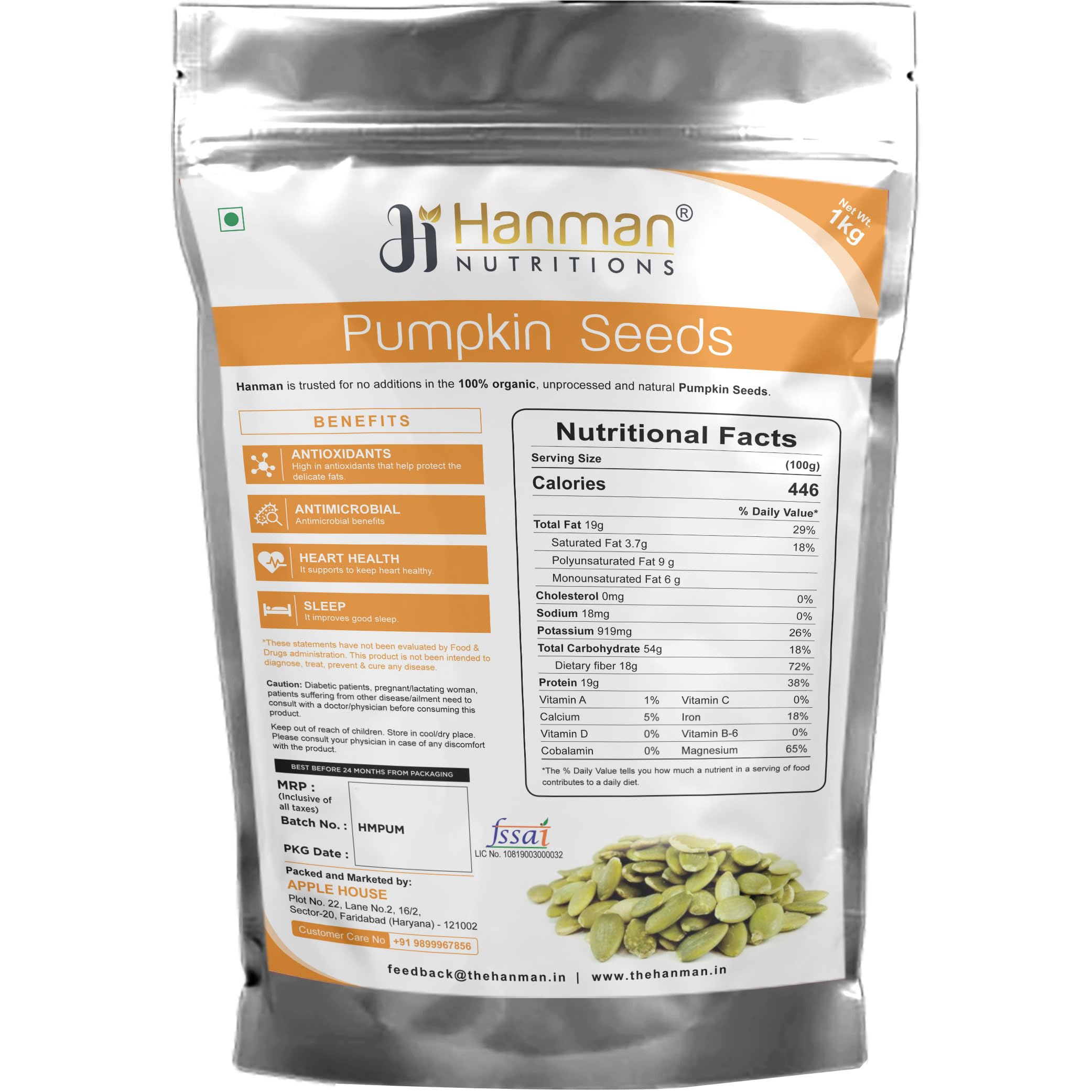 Hanman Nutritions Organic Pumpkin Seeds Protein and Fibre Rich Food -1 KG (B07PZDBTKW) Amazon Price History, Amazon Price Tracker