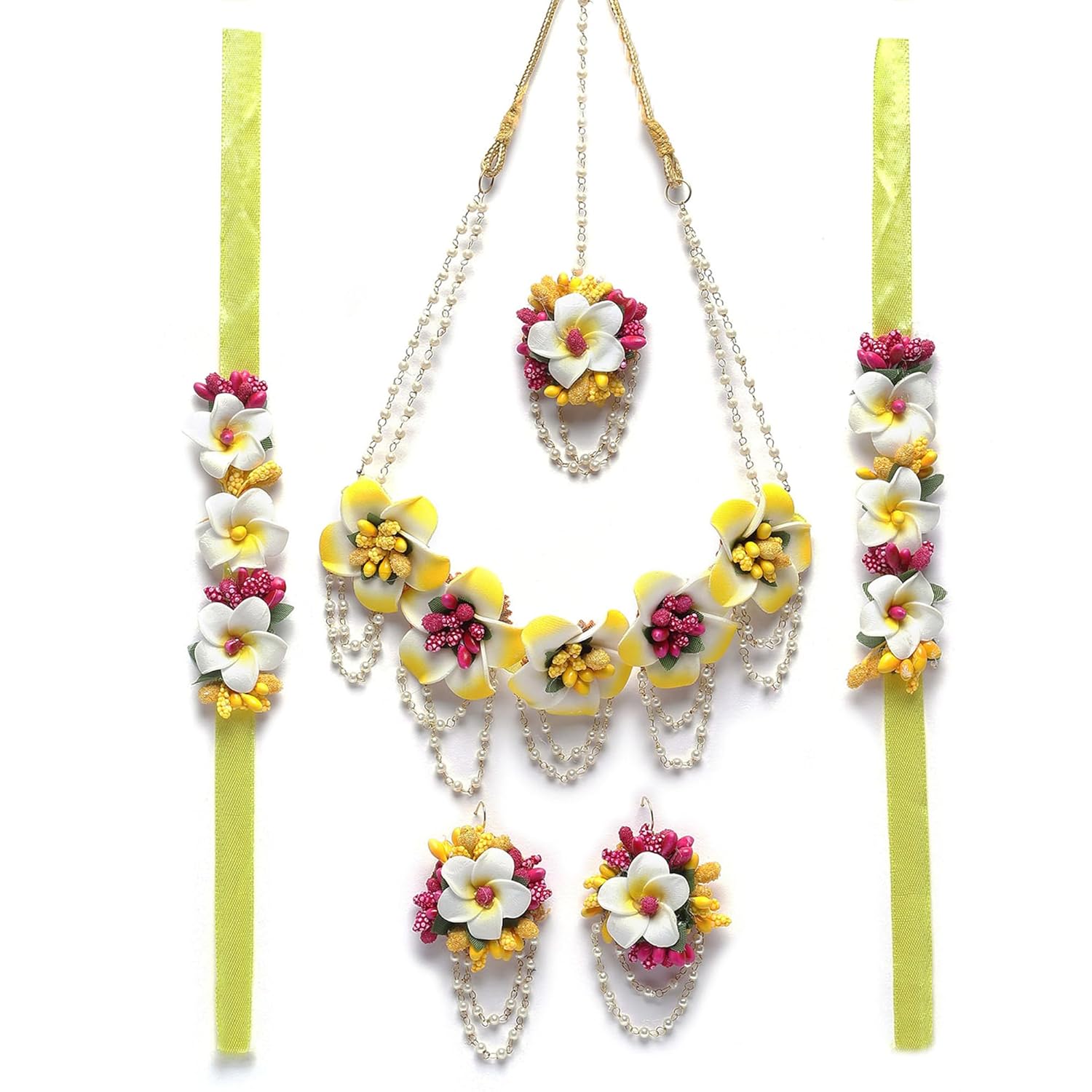 ZENEME Pink-Yellow Floral White Pearls Beaded Haldi & Mehendi Necklace With Earrings, Maang Tikka & Haathphool Jewellery Set For Girls and Women