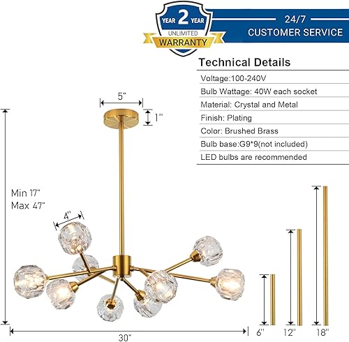 Miniatura 3 de Sputnik - Candelabros para comedor sobre mesa, modernos candelabros de cristal, 9 luces doradas para sala de estar, dormitorio, isla de cocina