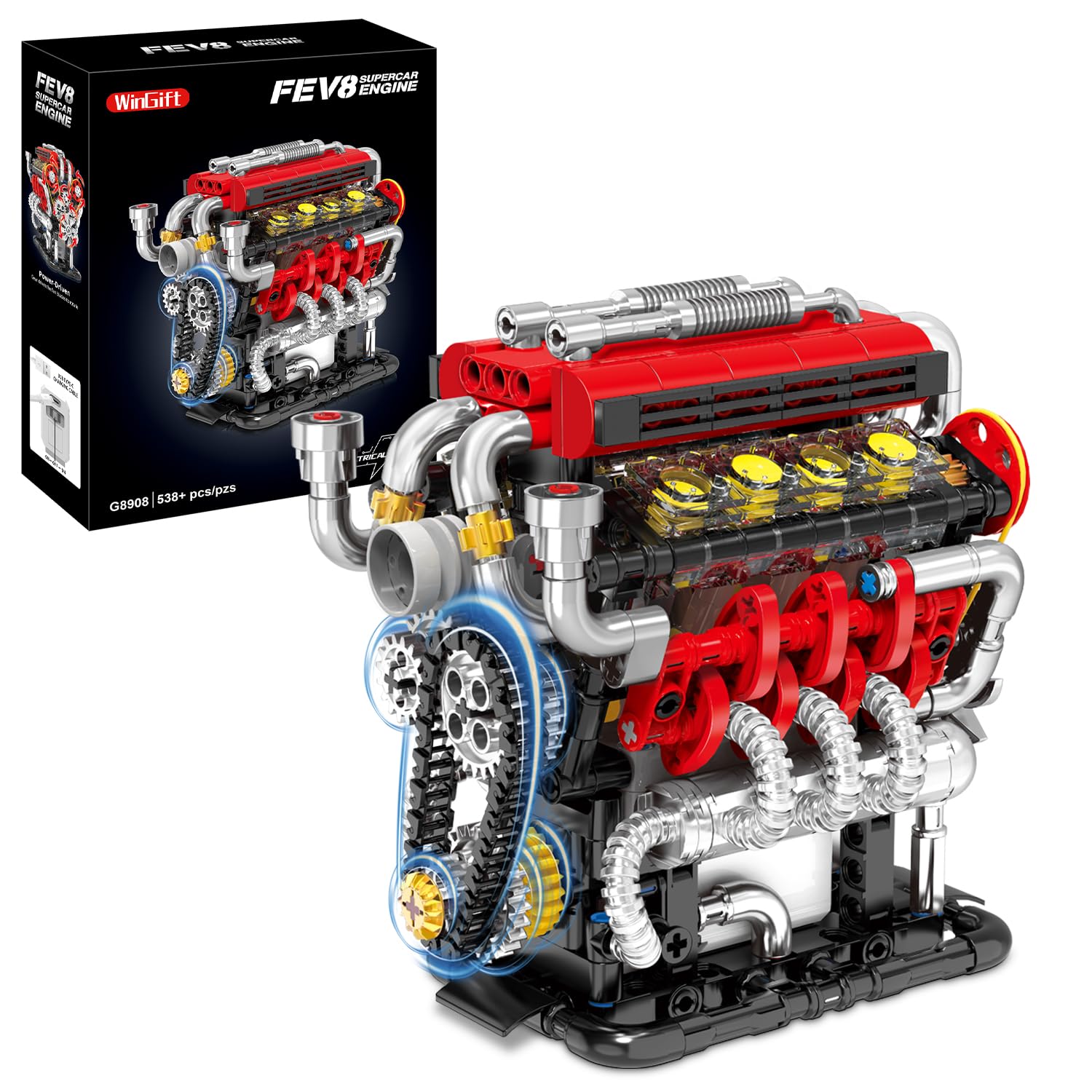 WINGIFT V8 Engine Building Set, V8 Engine Model kit That Run,Build Your Own Mini V8 Model Engine Kit with Motor,Home or Office Décor,STEM Physical Science Experiment Toy for Kids 8+ and Adults(538PCS)