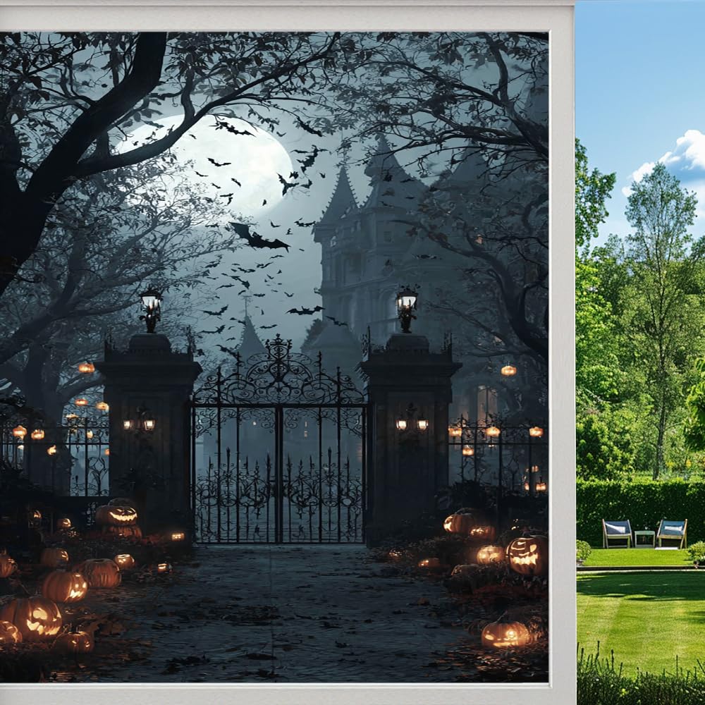 Pmlbaous Halloween Castle Privacy Window Film, Gothic Pumpkin Lantern Full Moon Frosted Self-Adhesive Vinyl Cling For Glass Doors Bathroom Windows Sun Blocking Heat Control, （55X100cm）
