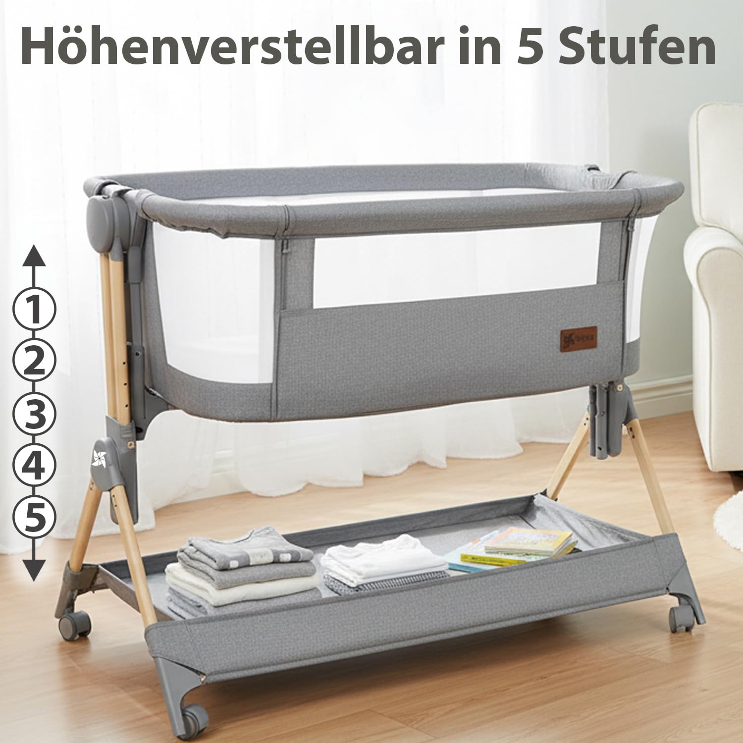 Twinly – Beistellbett Baby Comfortly mit Rollen | Klappbar & Höhenverstellbar (5 Stufen), Atmungsaktiv ab 0+ Monate bis 9 kg, inkl. Matratze, Laken & Tasche – Ohne Montage (Beige) | Höhenverstellbar und Anti-Rückfluss-Funktion, inklusive Matratze, Bettlak