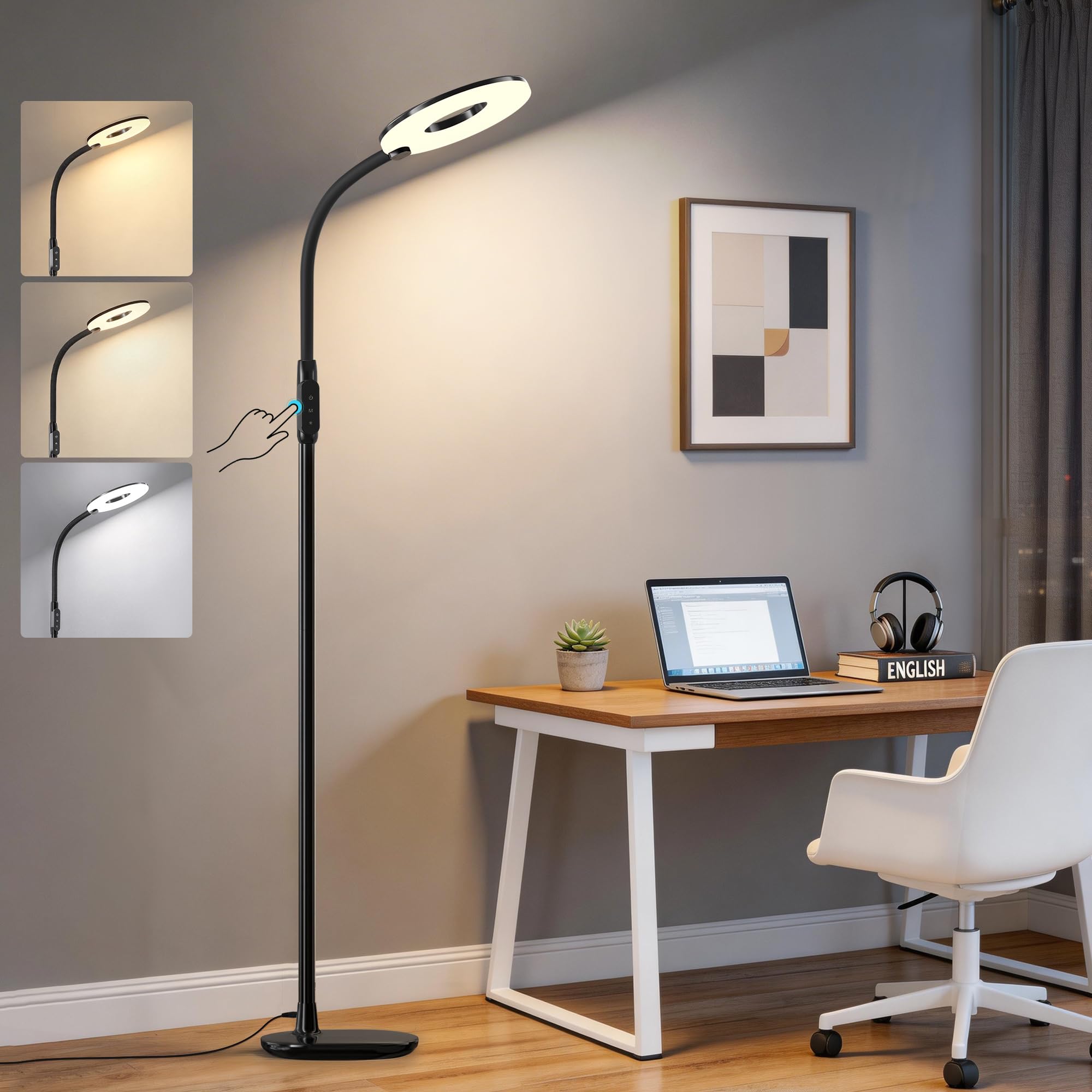 GyroVu LED Floor Lamp, 70'' Bright Reading Floor Lamps for Living Room, Dimmable & Adjustable Color Temperature, Touch Control Standing Tall Lamp, Gooseneck Floor Light for Bedroom Office, Black