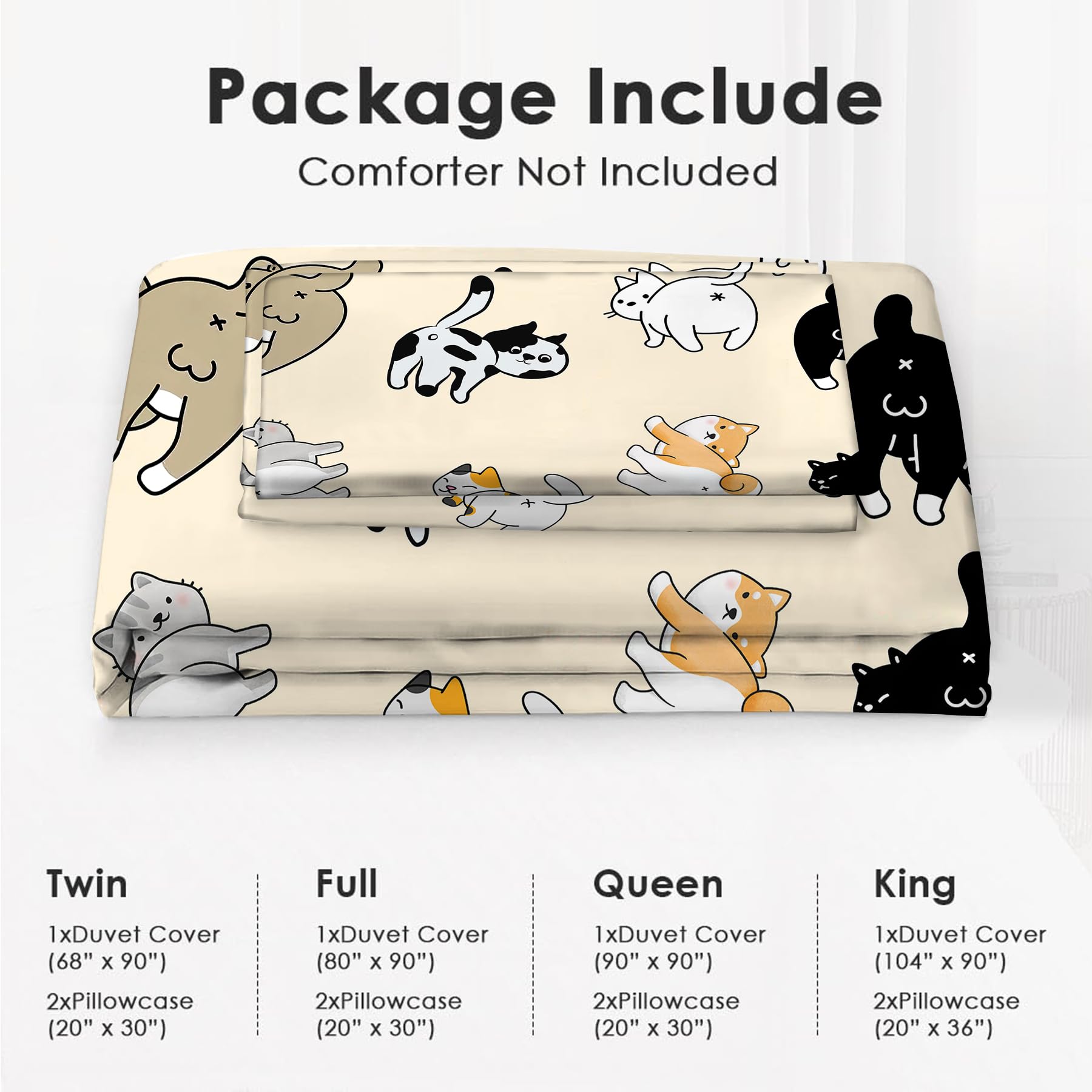 Cat Bedding Set Funny Cats Theme Comforter Set Cute Cat Duvet Cover Bedroom Decor Soft Twin Full Queen King Size Quilt Cover with 2 Pillowcases for Kids Teens Adults Women Men 90x90