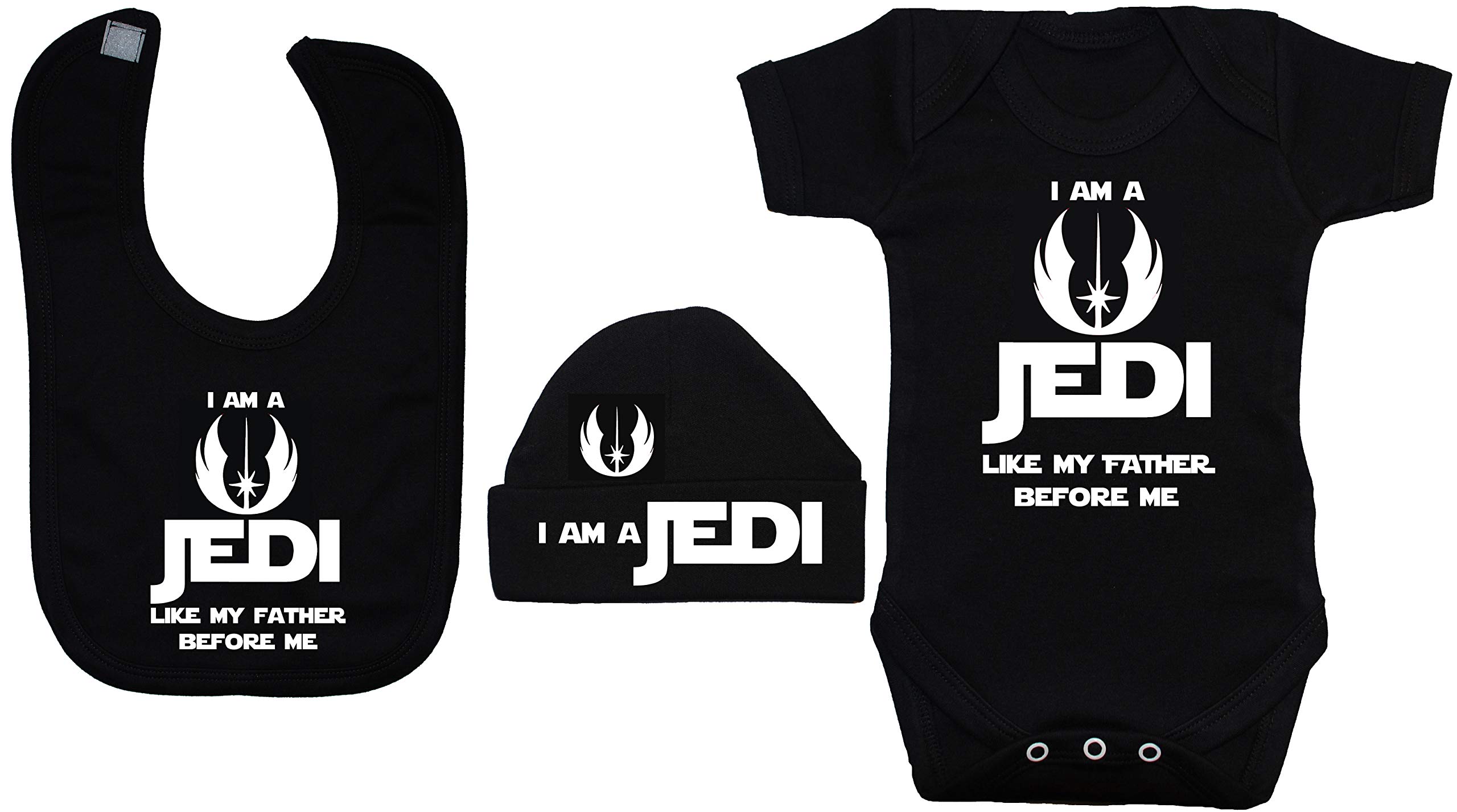 Acce Products I Am a Jedi Like My Father Before Me Baby Bodysuit/Romper, Feeding Bib & Beanie Hat/Cap - 6-12 Months - Black