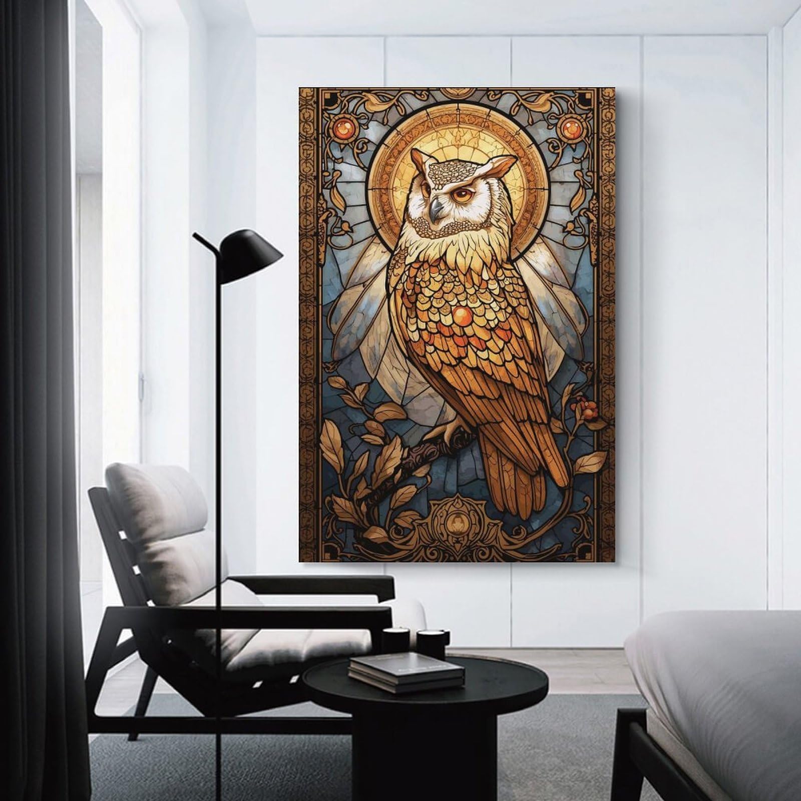 Junmoney Unframe-Style-16 Canvas Wall Art Owl Stained Glass, 24X36inch(60X90cm), For Lounge, Study, Hallway Or Flat Walls, Canvas Wall Art That Fits Changing Layouts