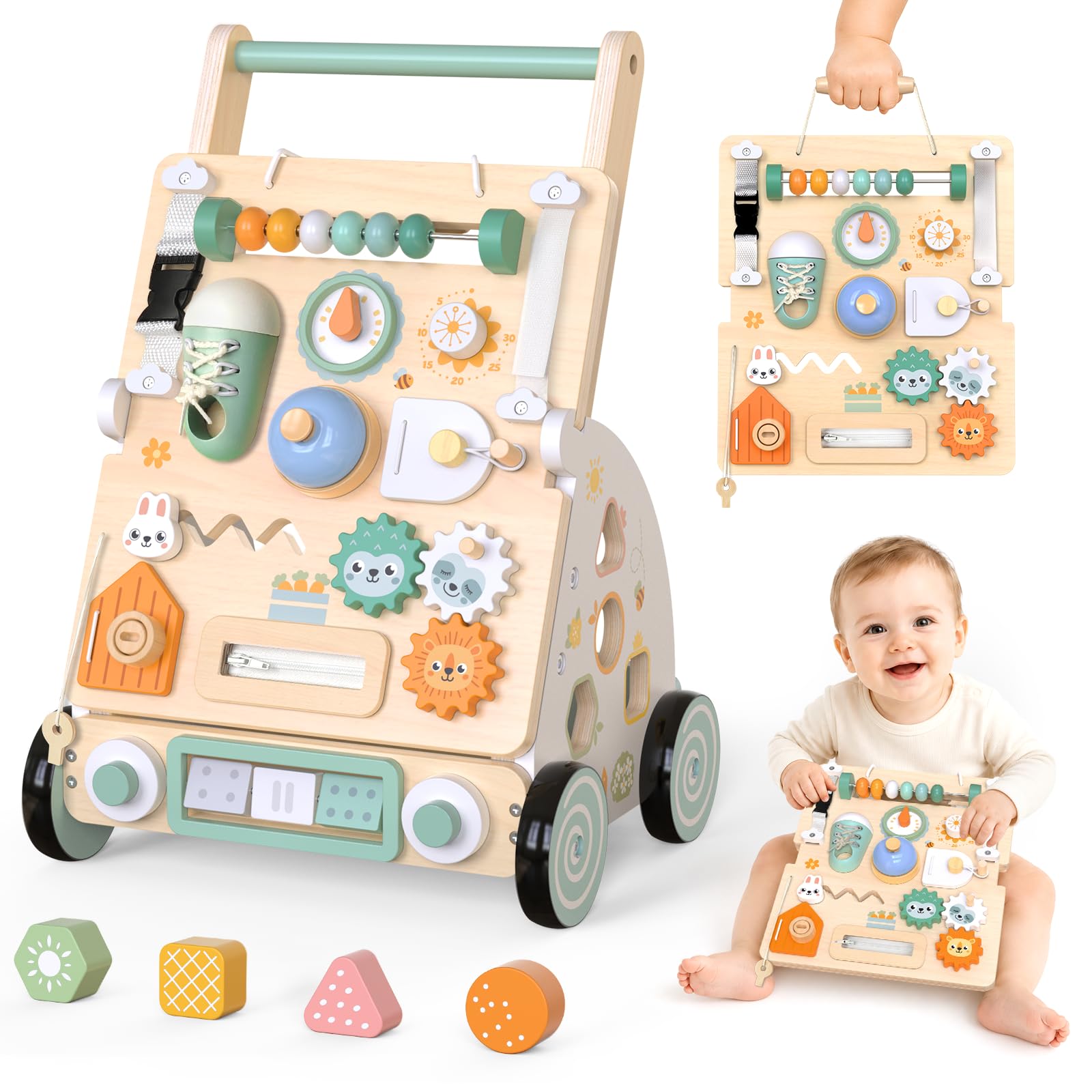 Andador Madera Bebé 2 en 1, Montessori Tablero Sensorial Desmontable