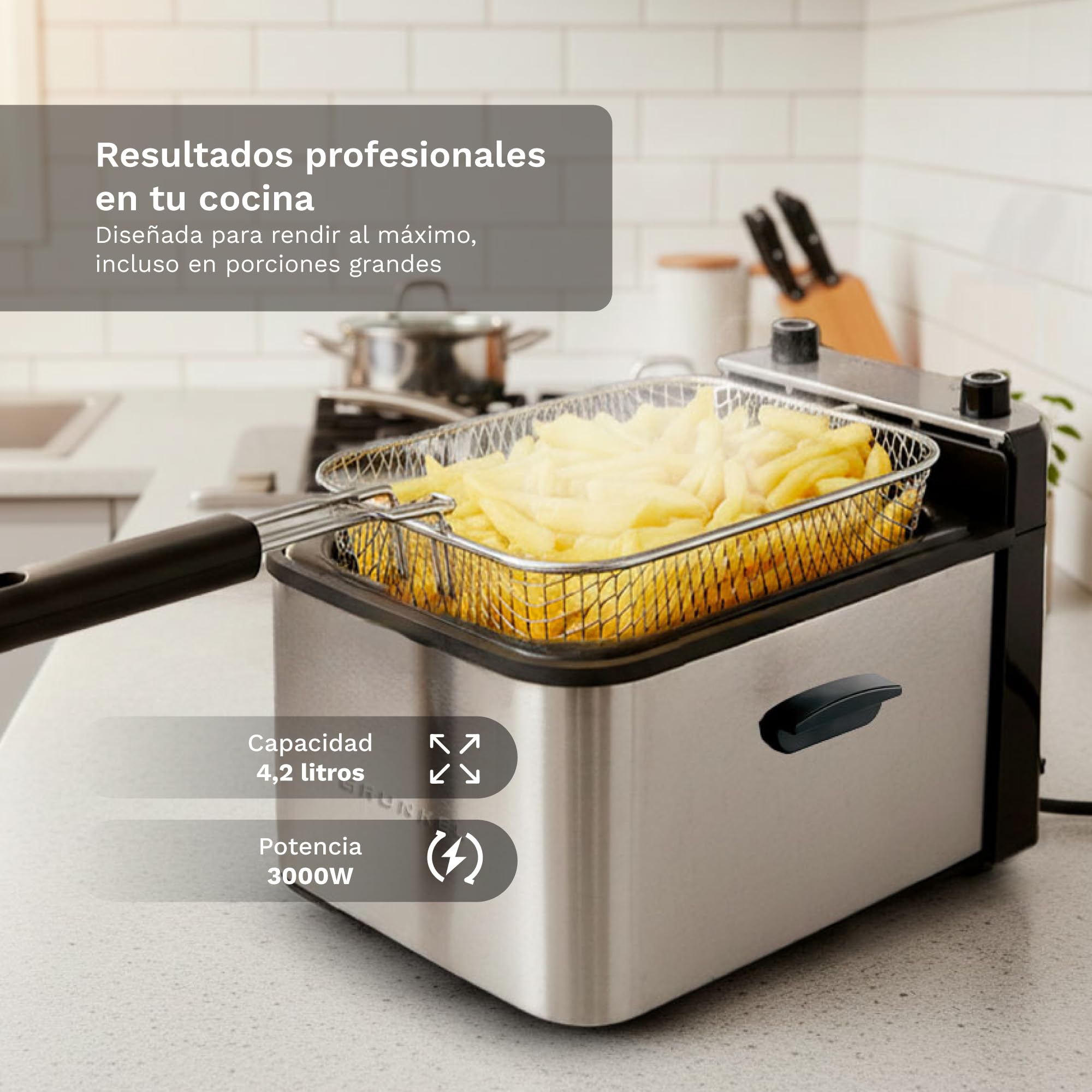 Grunkel Freidora eléctrica 4,2L de Capacidad y 3000W cubeta acero inoxidable MAXIFRYPRO Temperatura Ajustable y Filtro antiolores. Termostato hasta 190º. Proteccion contra sobrecalentamiento (4,2L)